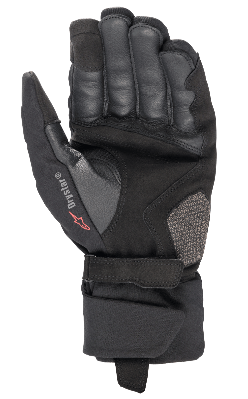 Gants Alpinestars Bogota' Drystar® XF, gants de moto, noir, vue de la paume présentant une construction en cuir renforcé, une sangle de poignet réglable et le marquage Drystar, équipement durable pour le touring d'aventure
