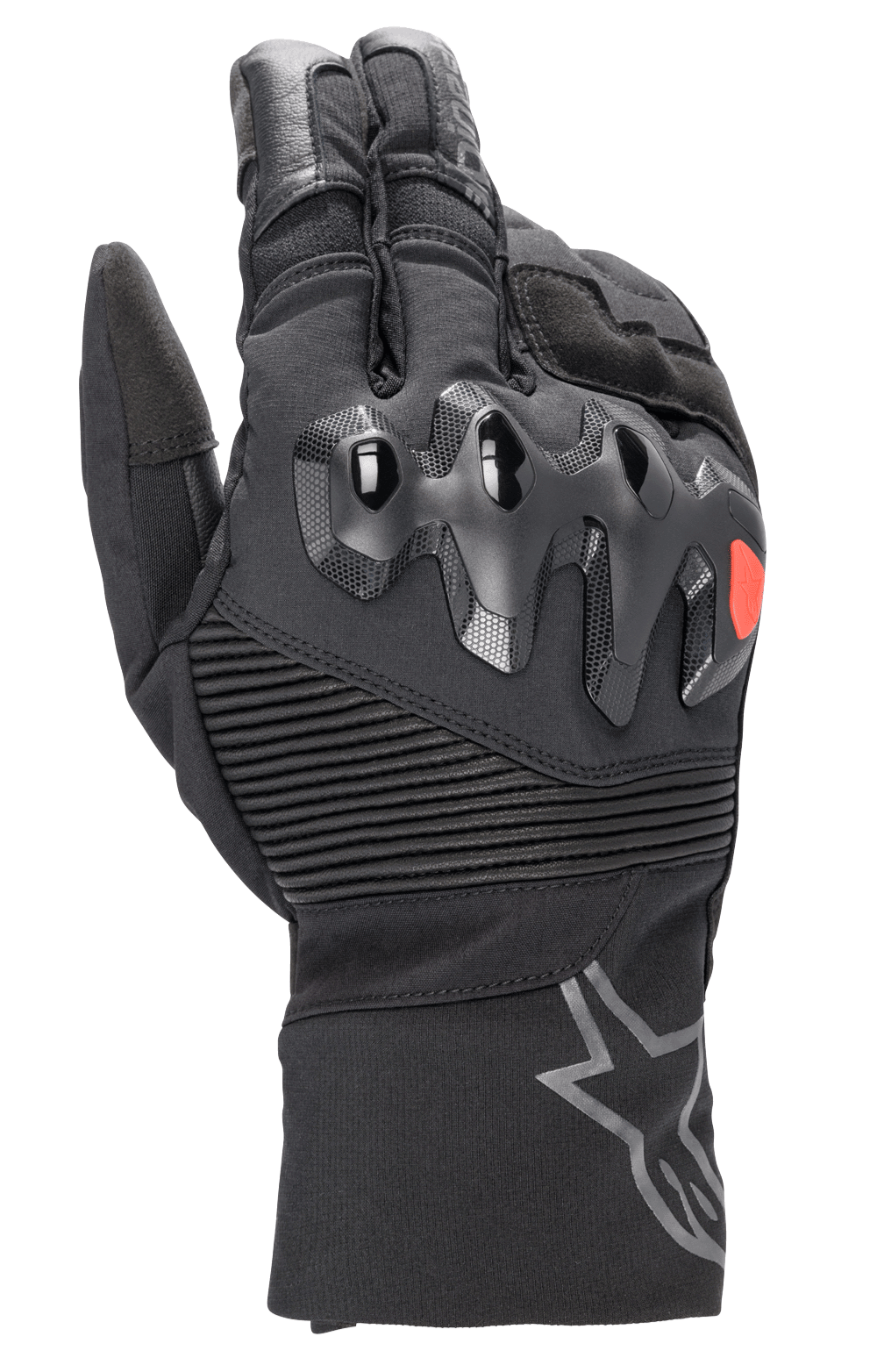 Gants Alpinestars Bogota Drystar XF, gants de moto touring pleine longueur, noirs avec un accent de logo rouge, dotés d'une protection des articulations sur-injectée, de panneaux de poignet extensibles nervurés et d'une manchette longue avec un logo étoile gris.