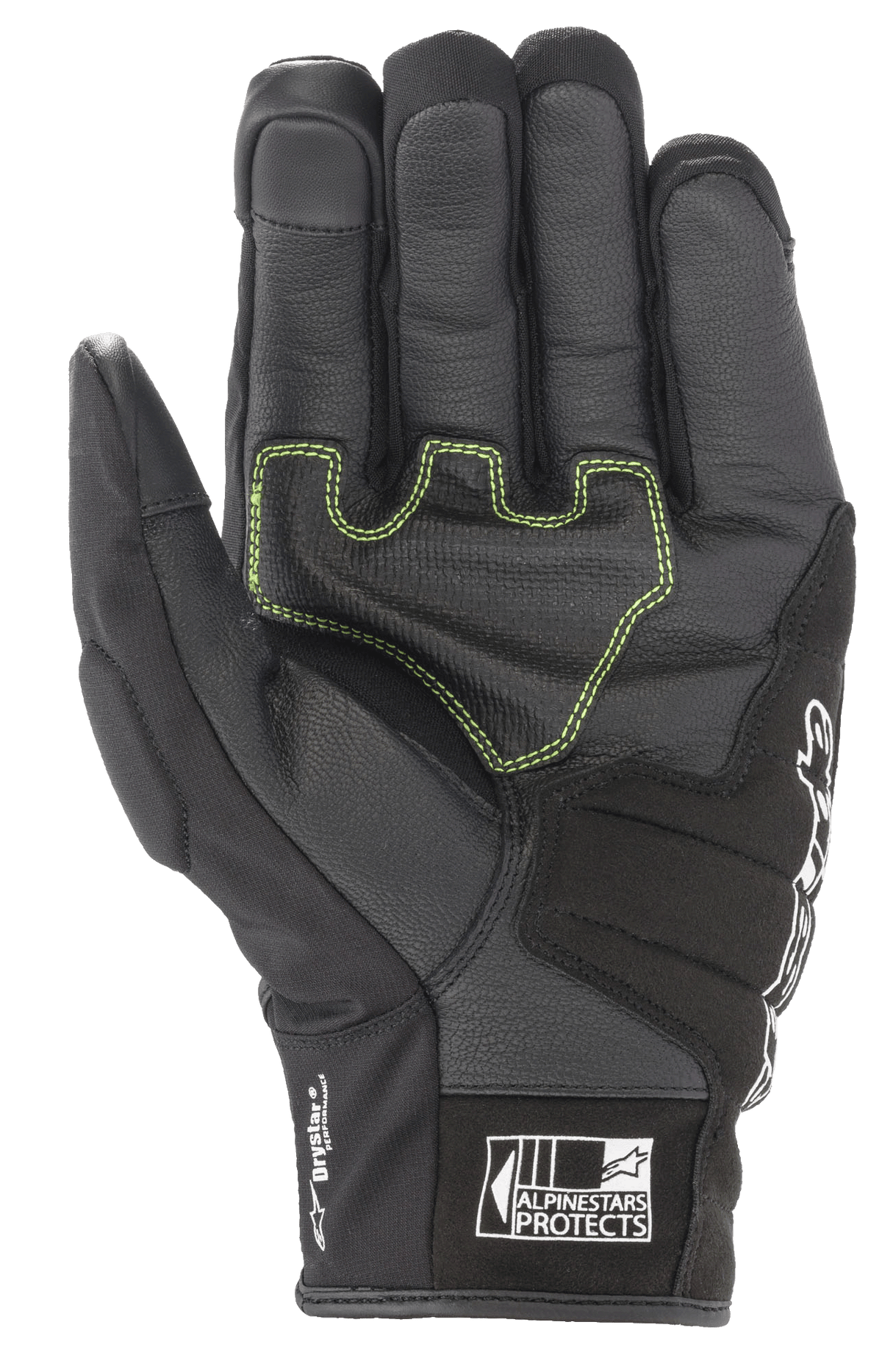 Alpinestars SMX Z Drystar® Gloves, Black motorcycle gloves, palm view featuring neon green contrast stitching on reinforced leather, 'Drystar Performance' branding on the side, and 'Alpinestars Protects' logo on the cuff