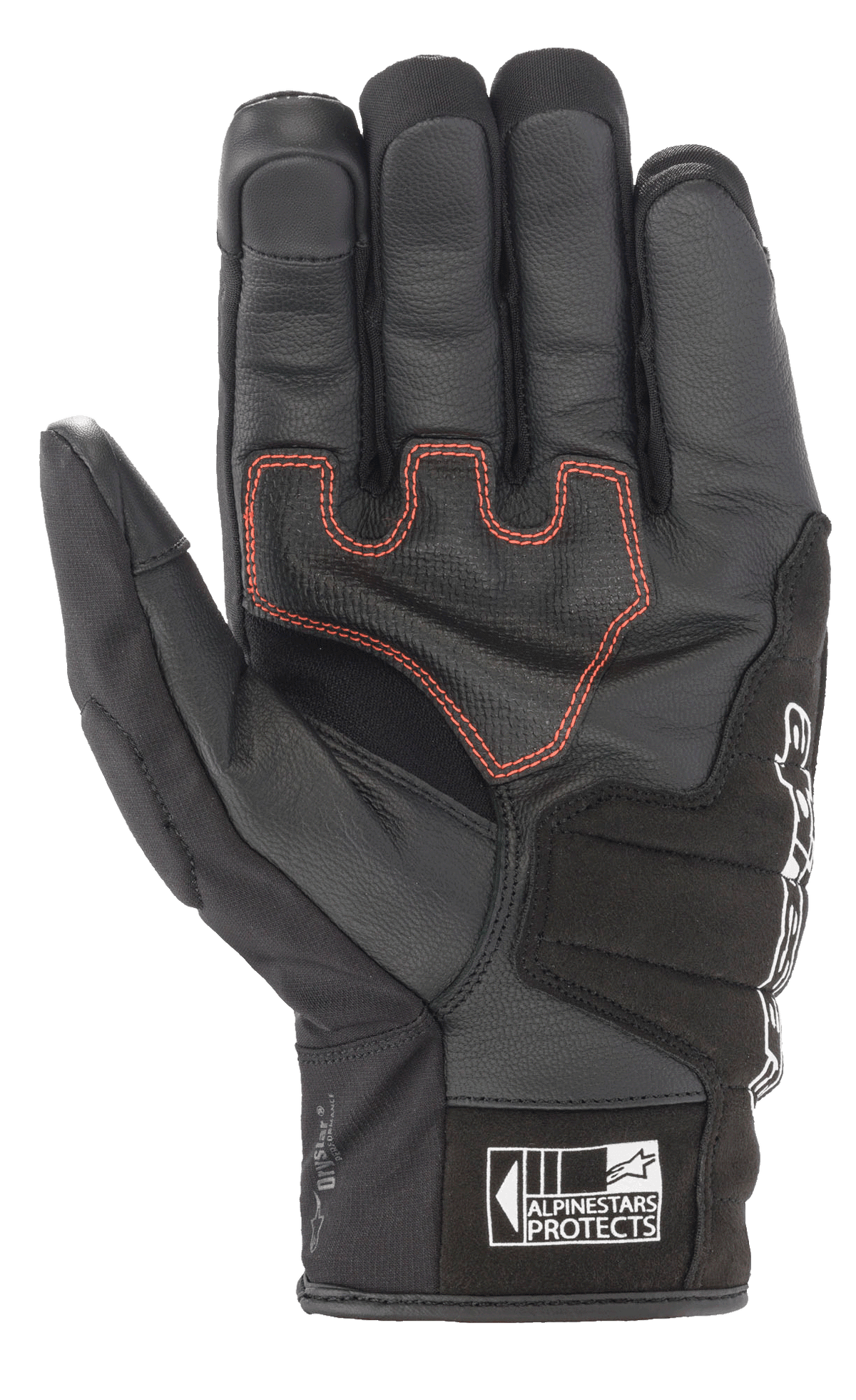 Gants Alpinestars SMX Z Drystar®, gants de moto à manchette courte, noirs avec surpiqûres contrastées rouges, vue de la paume montrant la construction en cuir et le rembourrage renforcé, avec le logo Alpinestars Protects sur la manchette.