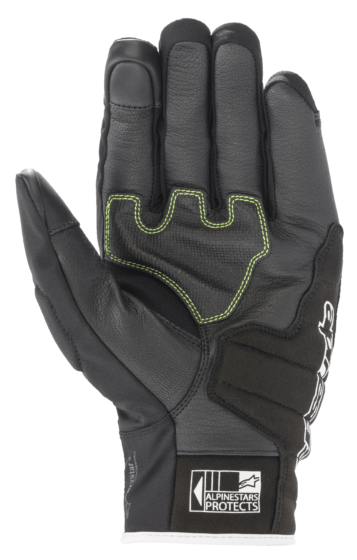 Alpinestars SMX Z Drystar® Gloves, Motorcycle Gloves, Black White Red Fluo, palm view showing reinforced leather with lime green contrast stitching and Alpinestars Protects logo on the cuff