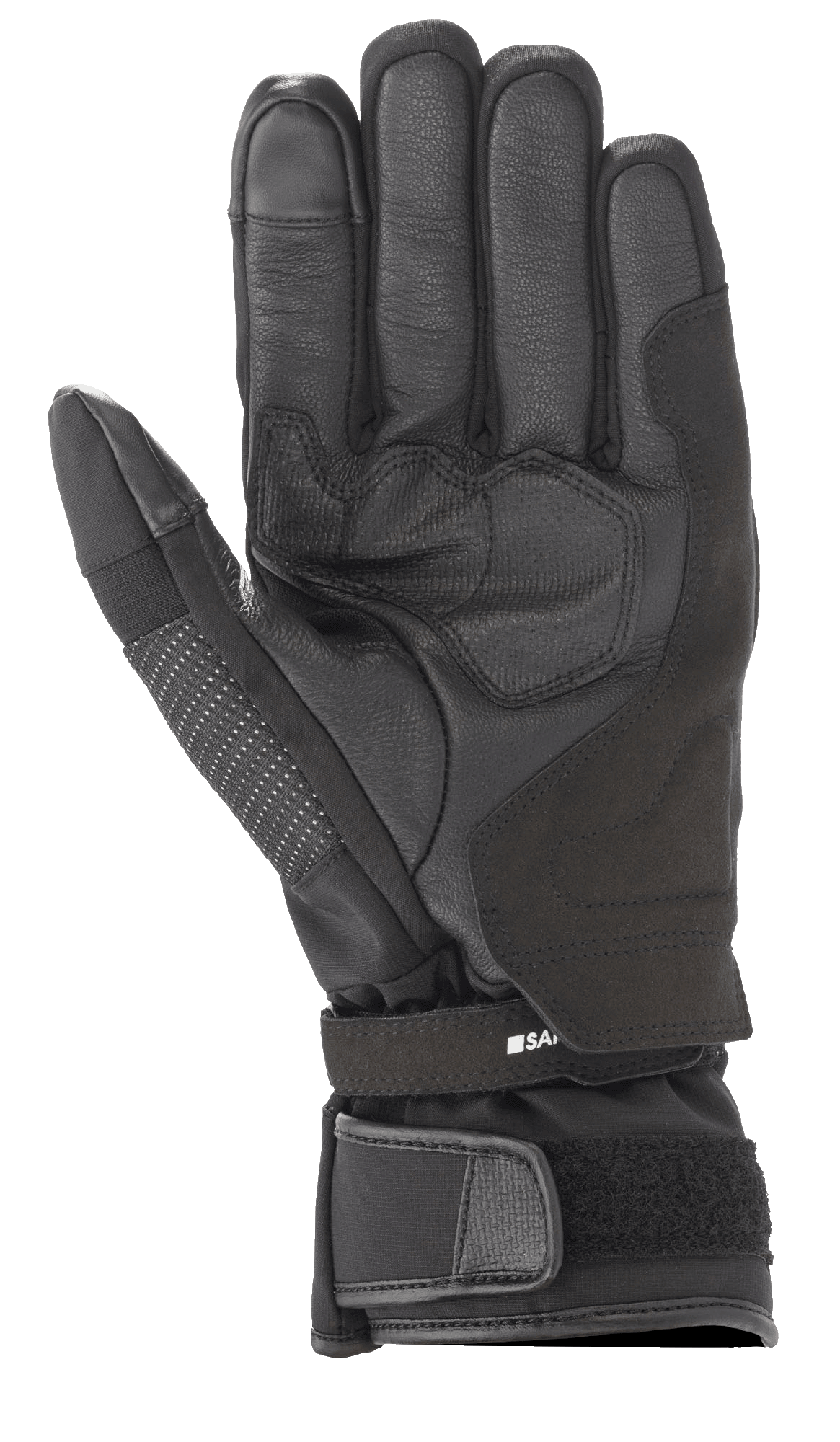 Gants Alpinestars Andes V3 Drystar®, gant de moto noir, vue de la paume avec construction en cuir de chèvre et textile, zone de la paume renforcée, sangle de poignet ajustable avec manchette velcro, design technique de touring toutes saisons