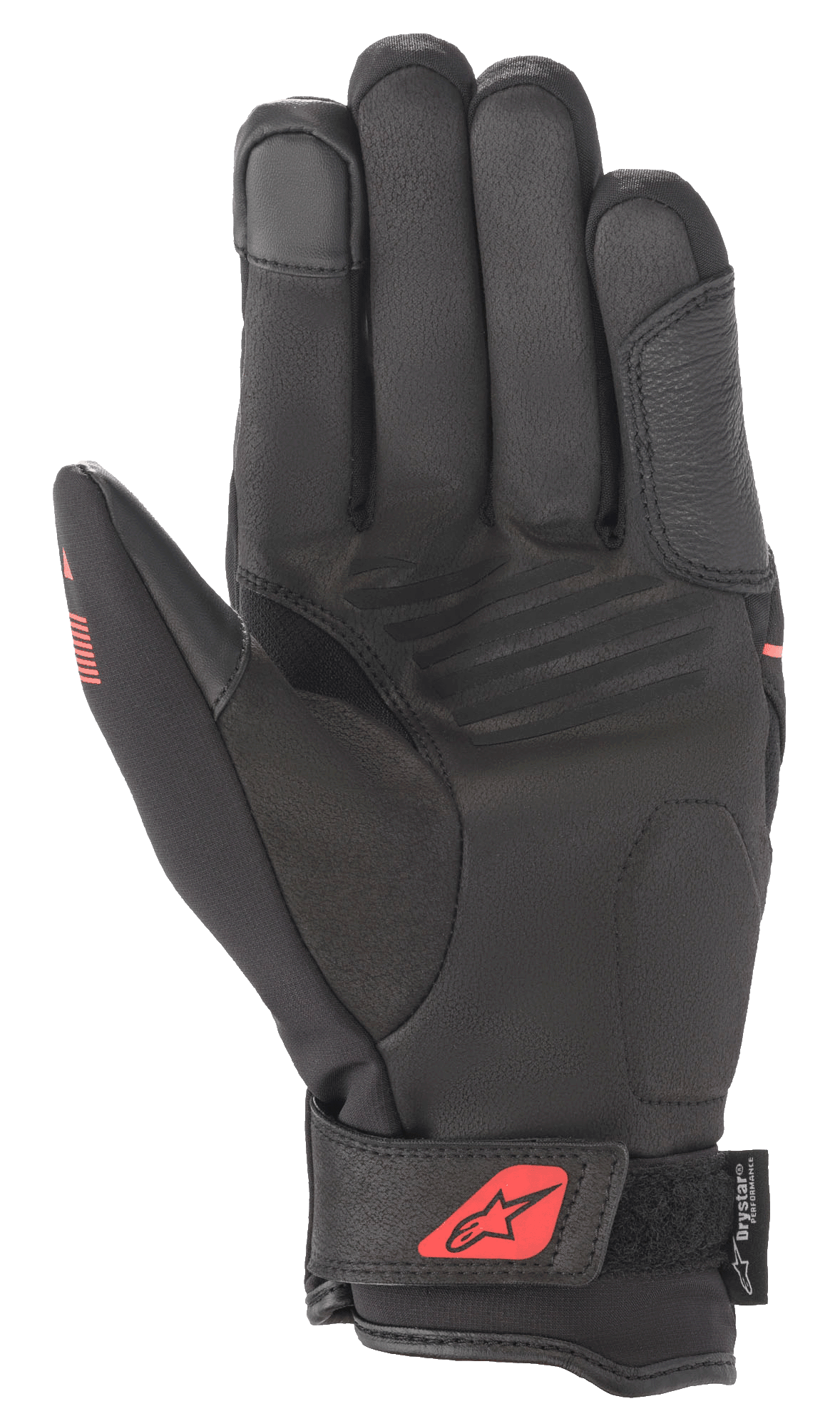 Gants Alpinestars Syncro V2 Drystar®, Noir et Rouge Fluo, vue de la paume montrant la construction en daim synthétique, paume rembourrée pour la protection, sangle de poignet réglable avec logo rouge et marquage Drystar®.