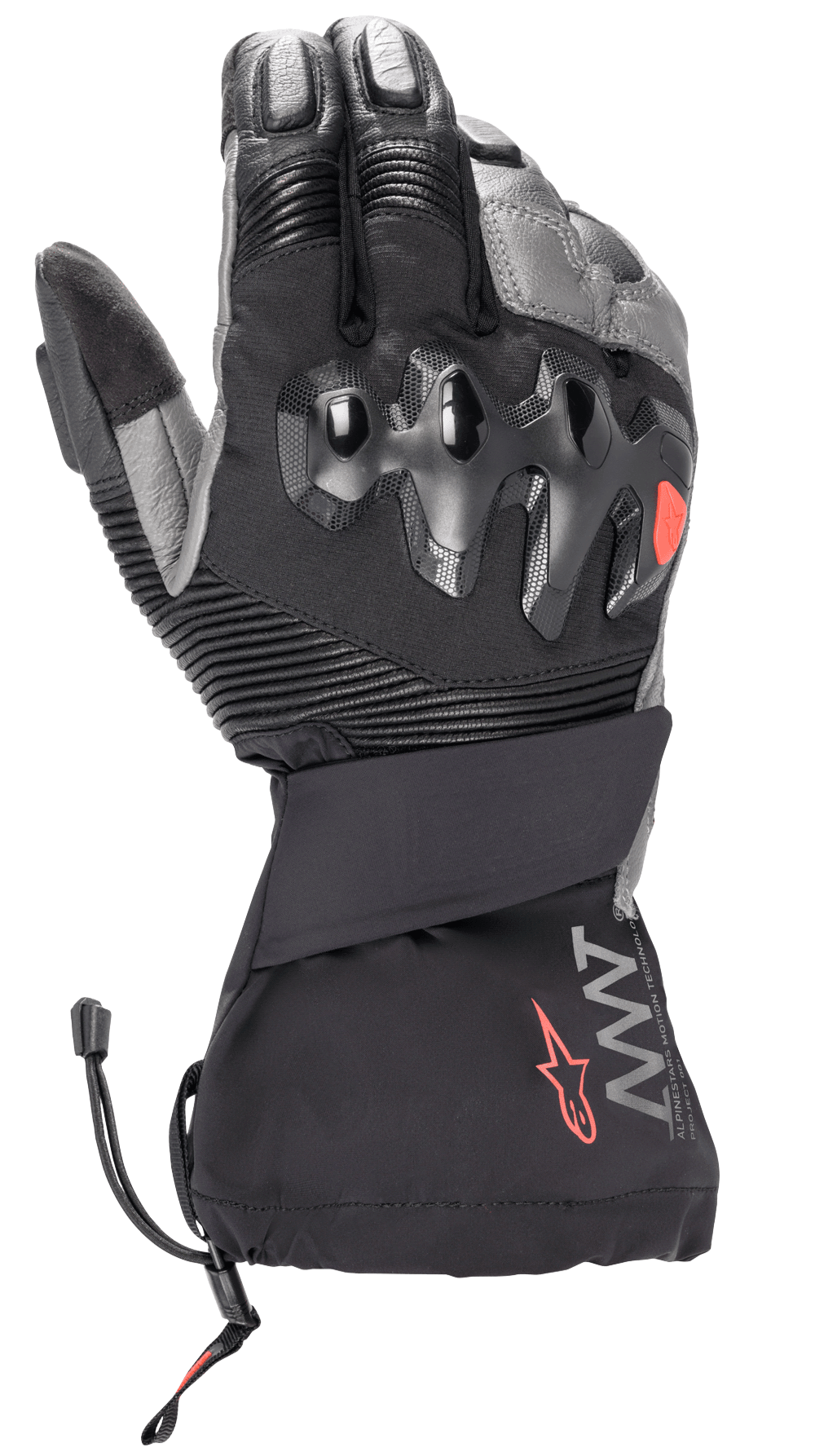 Gants d'hiver Alpinestars AMT-10 Drystar® XF, noir et gris foncé, gants de moto d'hiver à manchette longue, avec protection des articulations rigide injectée, empiècements extensibles en accordéon sur les doigts, marquage AMT avec logo étoile rouge et cordon de serrage au poignet