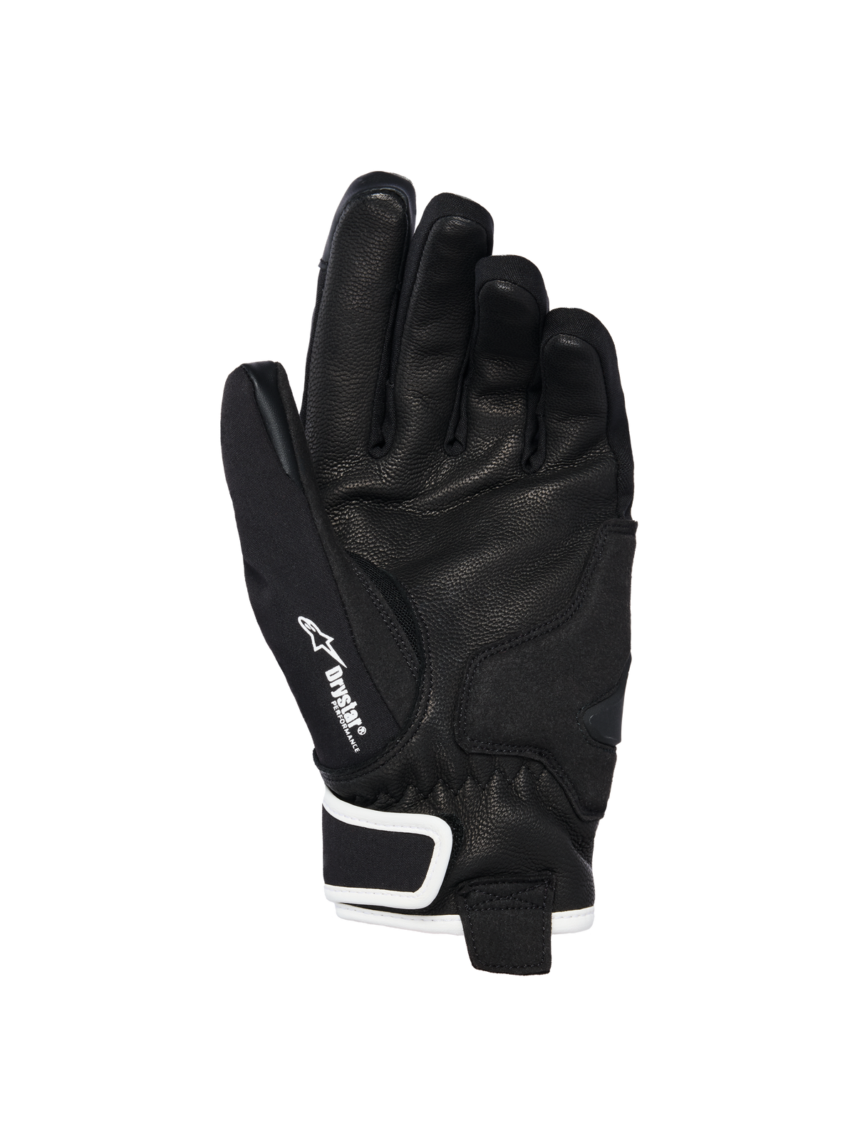 Gants Alpinestars Stella Moblast Waterproof, vue de la paume, cuir de chèvre noir avec grip texturé, accents blancs et marquage Drystar, conception à manchette courte pour la conduite moto urbaine