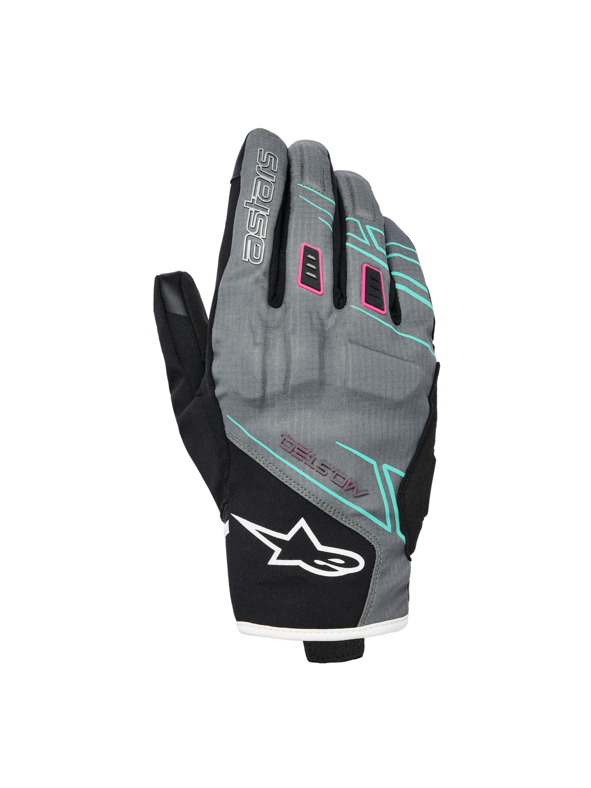 Gants Alpinestars Stella Moblast Waterproof, gants de moto pour femme, gris et noirs avec accents roses et turquoise, design à manchette courte avec marquage MO.ST.EQ., construction textile avec rembourrage de protection aux articulations et logo Alpinestars blanc