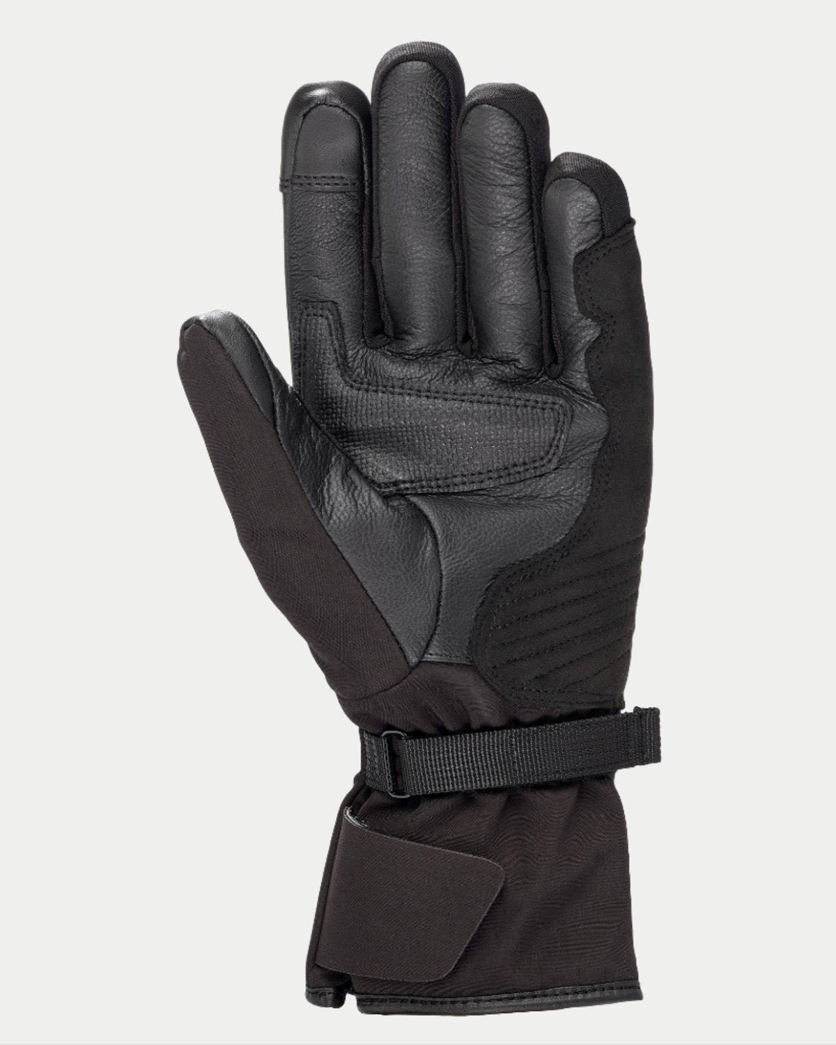 Gants femme Alpinestars Stella Tourer W-7 Drystar®, noir, vue de la paume montrant la construction en cuir et softshell, manchette longue touring avec sangle réglable, paume et pouce renforcés, équipement moto d'hiver imperméable et thermique pour le touring d'aventure