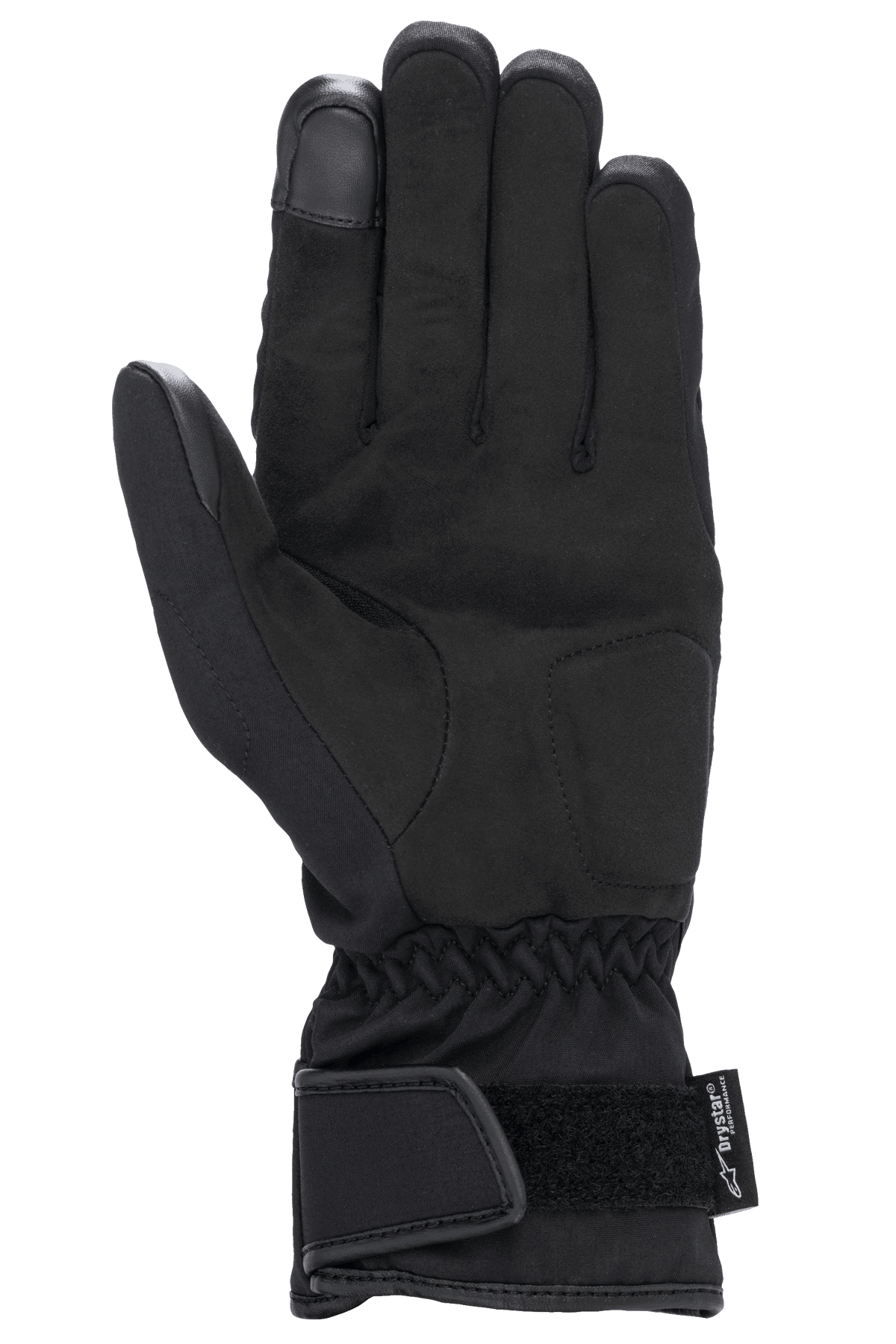 Gants Alpinestars Stella SR-3 V2 Drystar® pour femme, noirs, vue de la paume montrant les renforts en cuir synthétique, bout de l'index compatible avec les écrans tactiles, poignet élastiqué et manchette avec sangle Velcro réglable et logo Drystar.