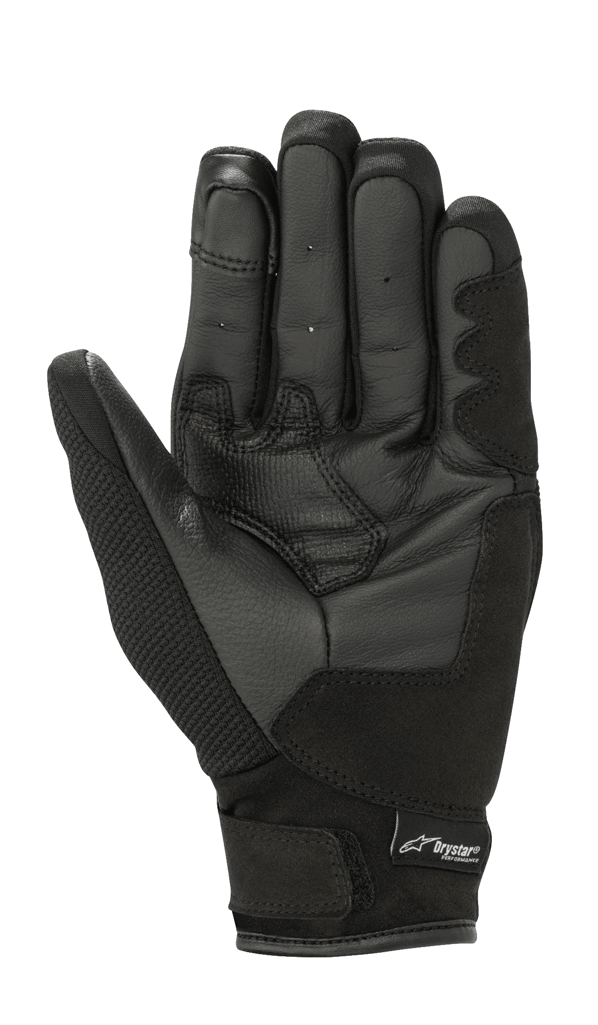 Gants femme Alpinestars Stella S-Max Drystar, noir, vue de la paume montrant les renforts d'adhérence en cuir, tissu en maille extensible, sangle à crochet et boucle et marquage Drystar, équipement de moto de sport imperméable