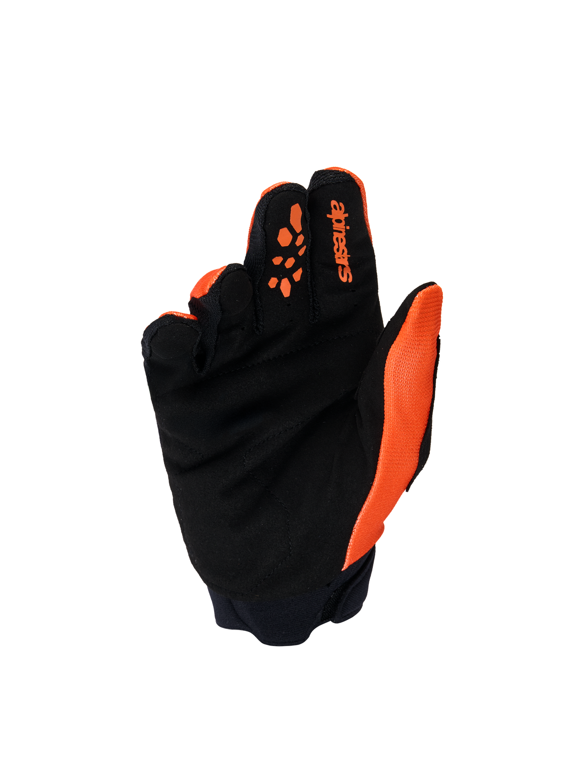 Gants Alpinestars Youth & Kids Full Bore V2, gants de motocross, orange et noir, vue de la paume avec suède synthétique renforcé, impressions en silicone sur les doigts pour le contrôle des leviers et logo Alpinestars sur l'index.