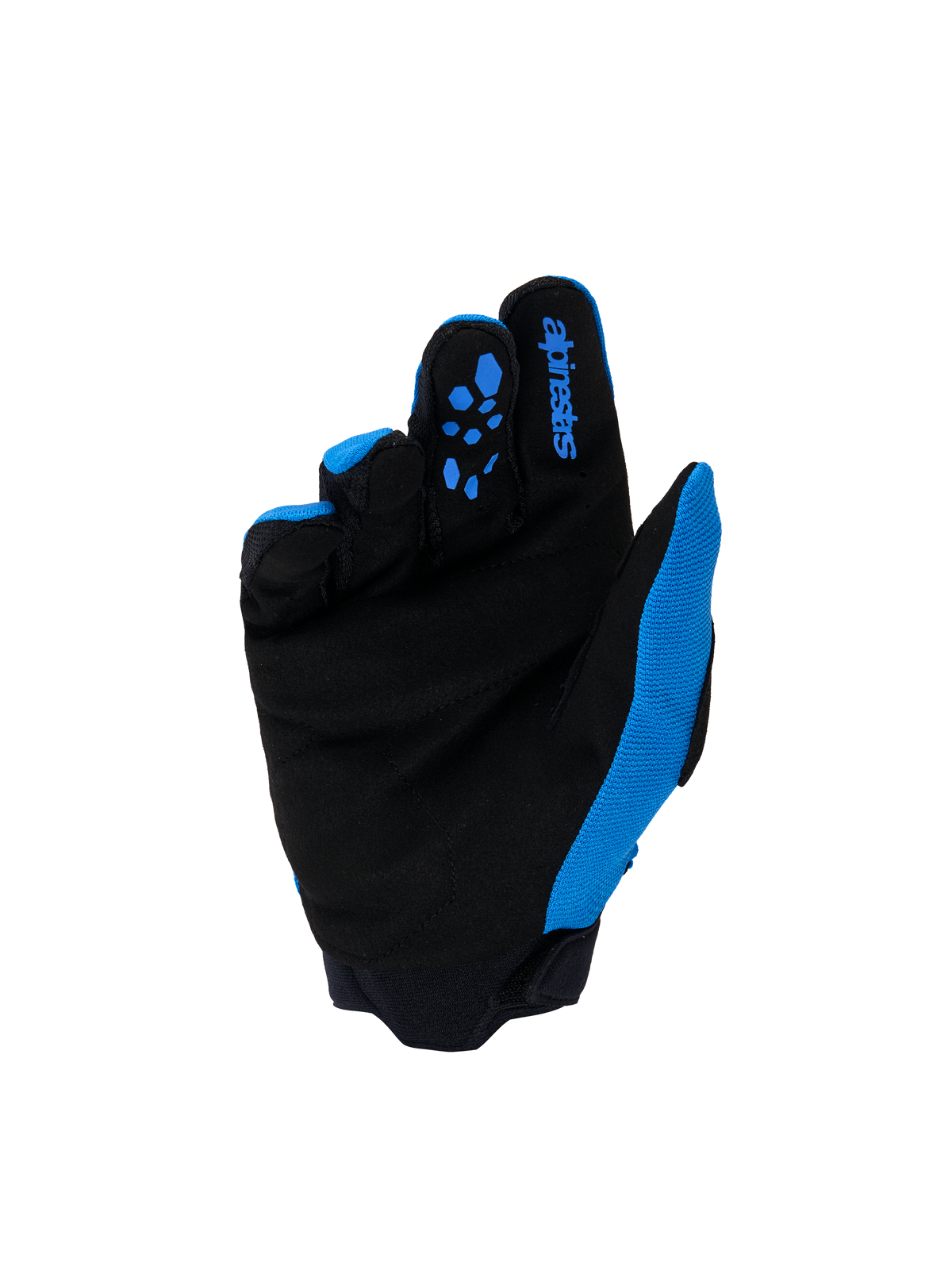 Gants Alpinestars Youth & Kids Full Bore V2, gants de motocross, bleu UCLA et noir, vue de la paume avec suède synthétique noir renforcé et motifs d'adhérence en silicone bleu sur les doigts, marquage Alpinestars bleu sur l'index, équipement tout-terrain haute performance pour jeunes pilotes