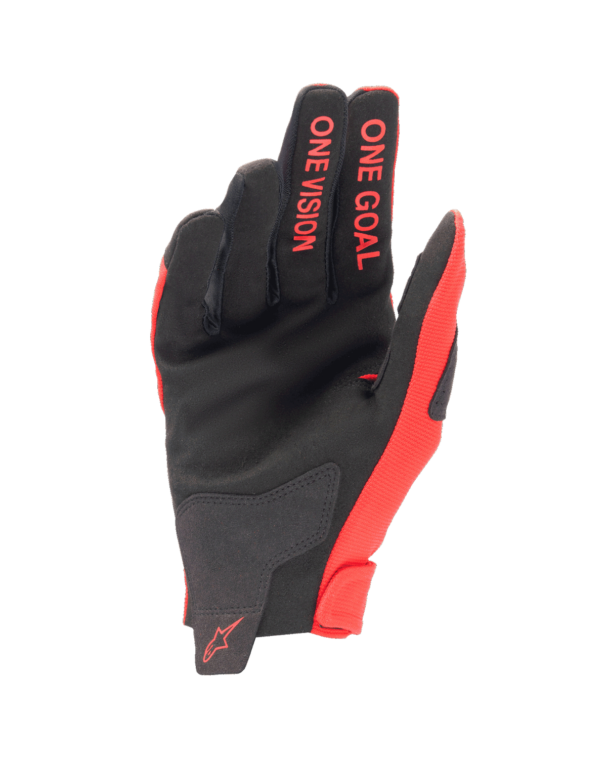 Gants Alpinestars Radar Junior 2024, gants de motocross, rouge Mars et noir, vue de la paume montrant la construction en daim synthétique, texte « ONE GOAL ONE VISION » sur les doigts, équipement de course tout-terrain léger