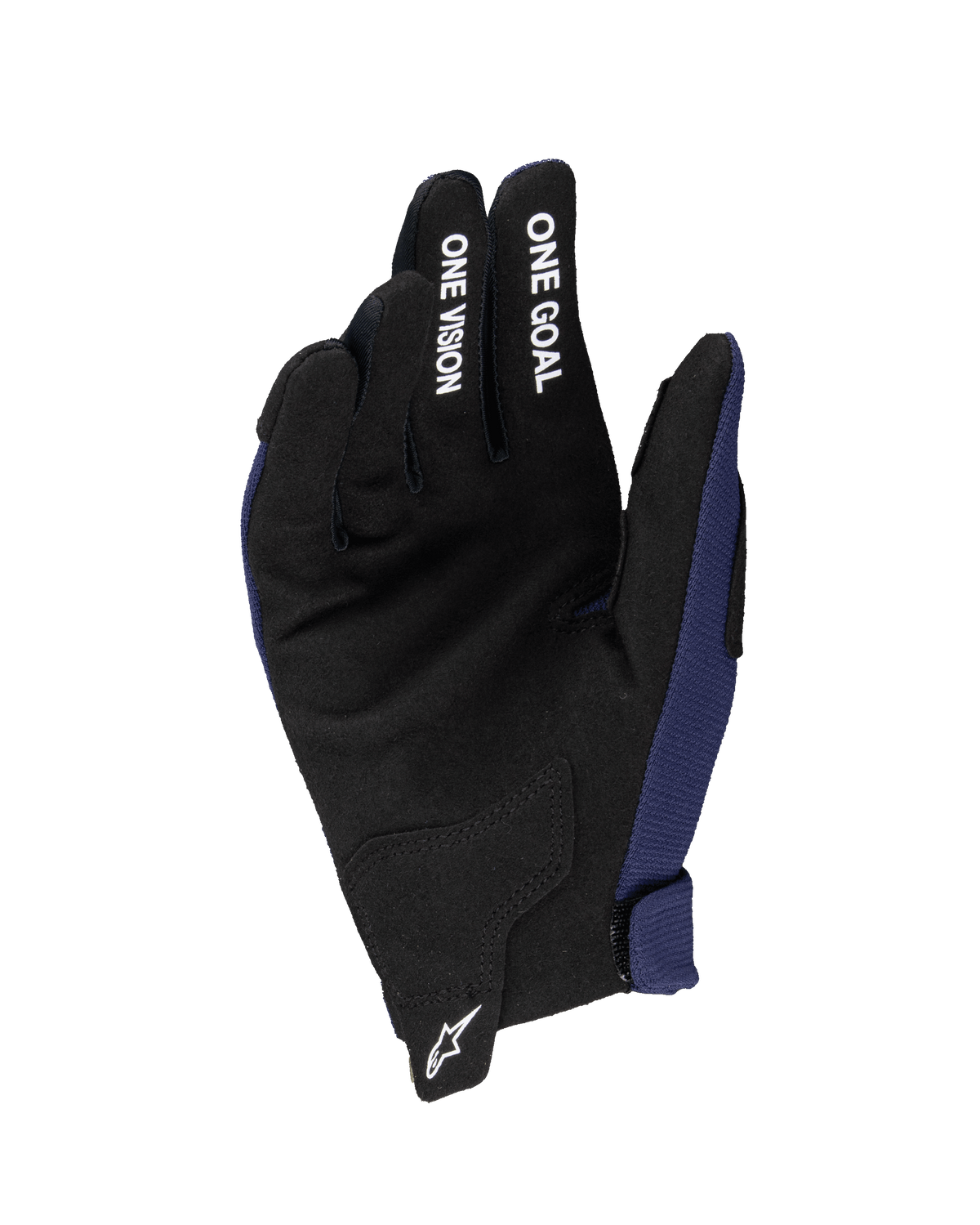 Gants Radar Junior Alpinestars 2025, gants de motocross, bleu marine et noir, avec paume en suède synthétique affichant les messages « ONE GOAL » et « ONE VISION » en blanc sur les doigts, logo Astars blanc au poignet, construction monocouche pour le tout-terrain