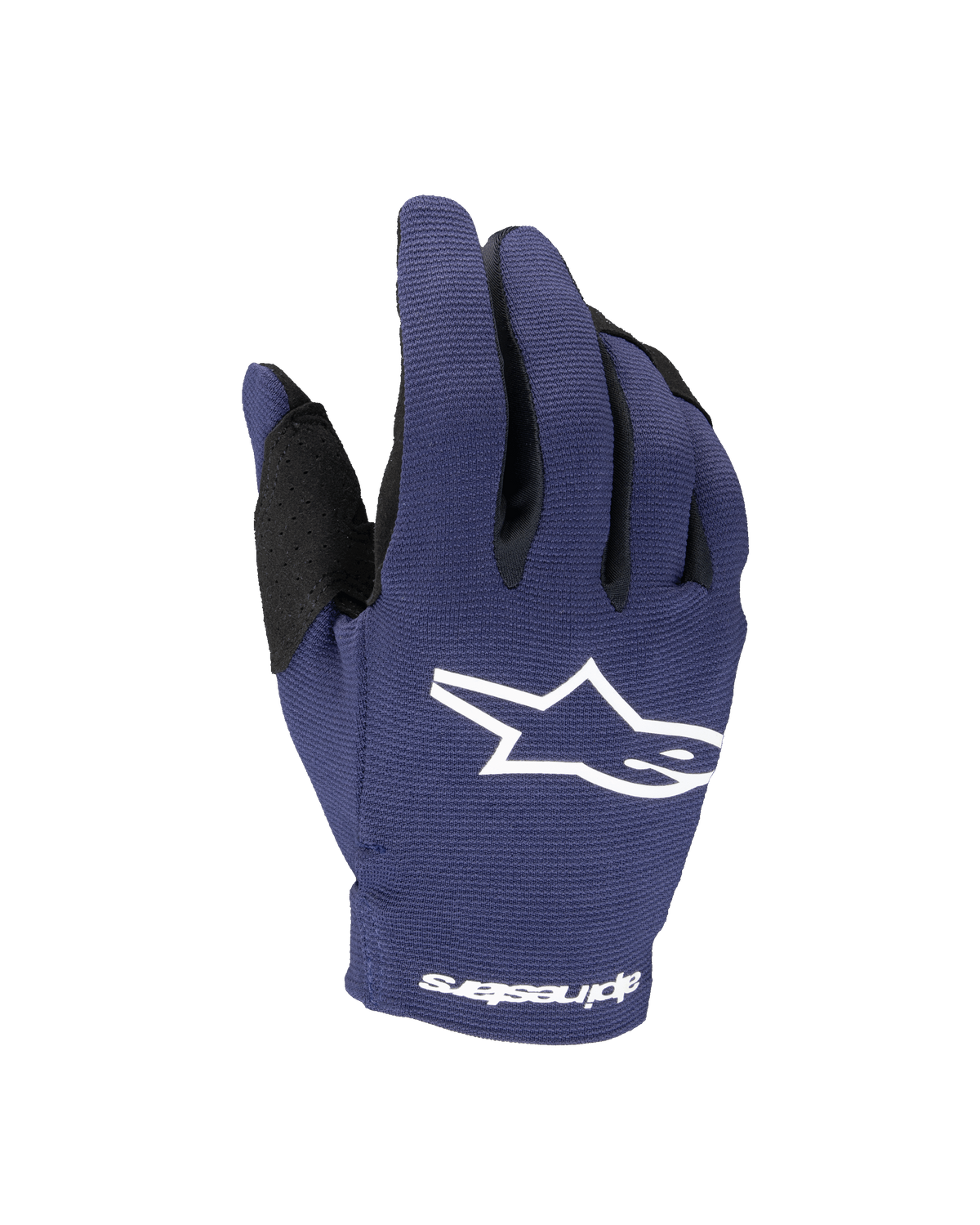 Gants Alpinestars 2025 Youth Radar, gants de motocross, bleu marine et blanc, avec un logo étoile blanc sur le dos de la main et le nom Alpinestars au poignet, construction extensible monocouche pour la course tout-terrain