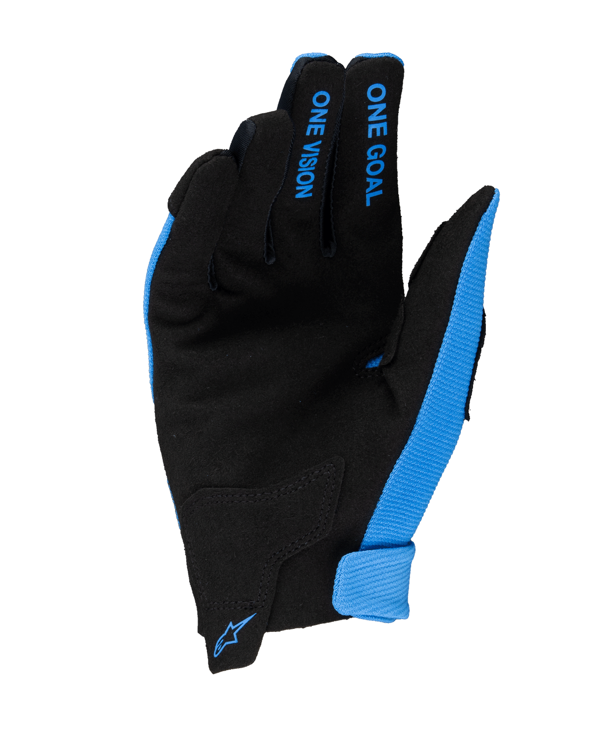 Gants Alpinestars Radar Junior 2025, gants de motocross, bleu et noir, vue de la paume présentant une construction en suède synthétique, textes bleus « ONE GOAL » et « ONE VISION » sur les doigts, petit logo Alpinestars bleu sur la fermeture du poignet