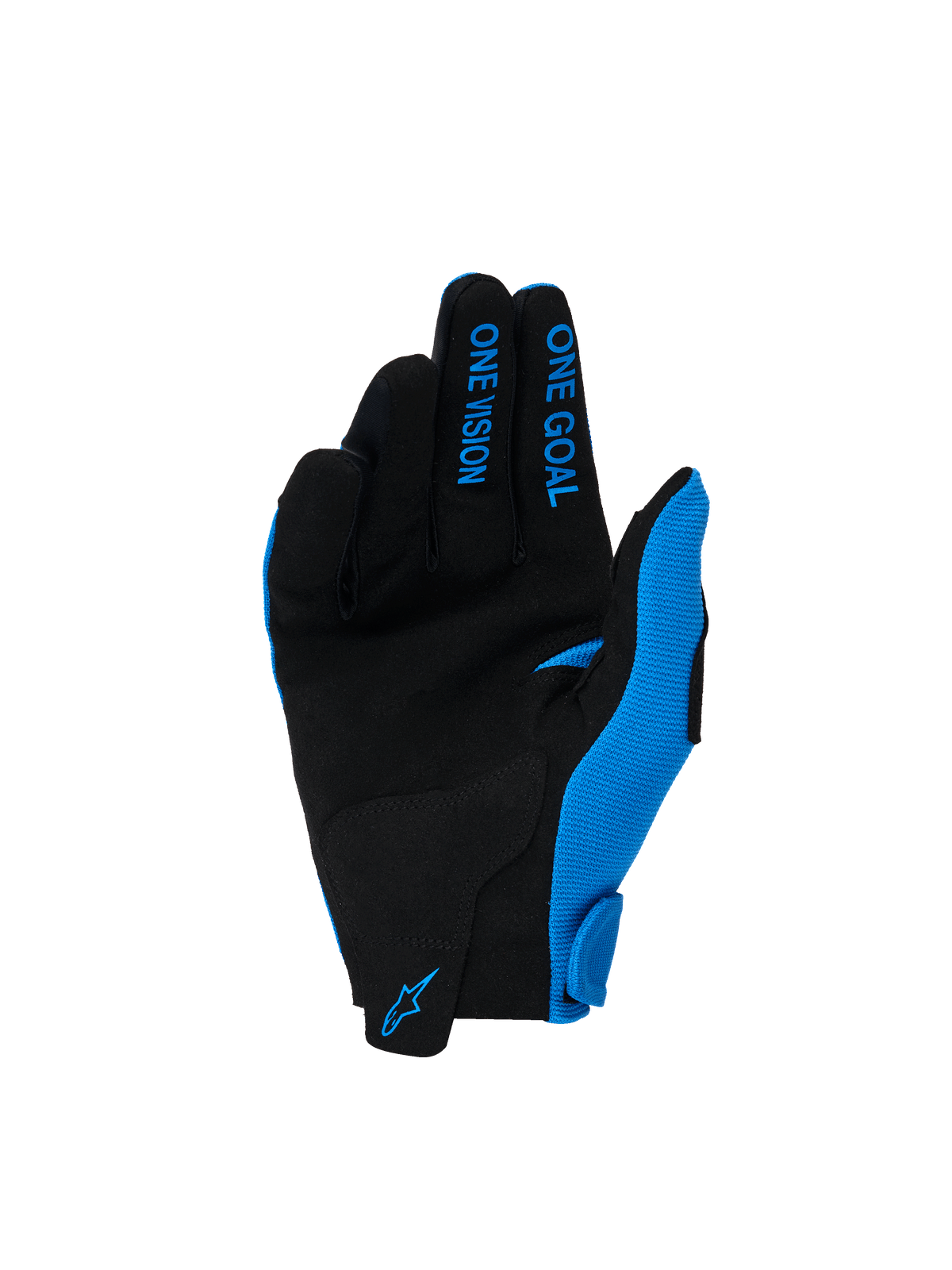 Gants Alpinestars Radar Junior 2026, gants de motocross, bleu Ucla et blanc, paume en suède synthétique noire, inscriptions bleues « ONE GOAL » et « ONE VISION » sur les doigts, logo Alpinestars bleu au poignet, conçus pour la performance tout-terrain