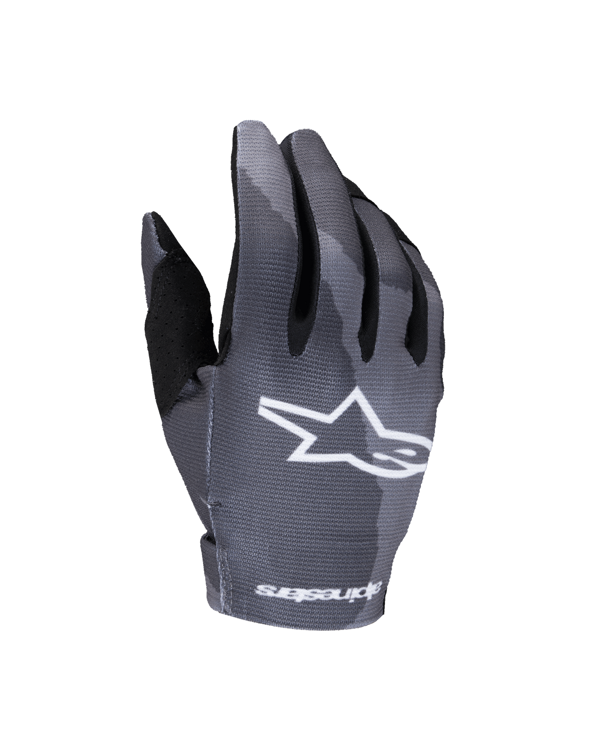 Gants Alpinestars Radar Jeunesse 2025, gants de motocross, gris camouflage foncé, logo étoile blanc sur le dessus, motif camouflage sublimé, renfort de pouce noir, construction légère pour le tout-terrain junior
