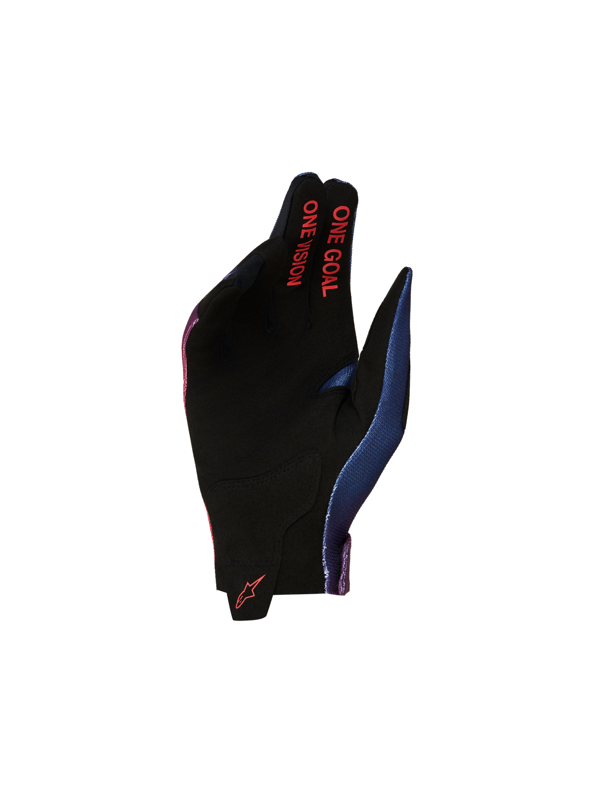 Alpinestars Youth Radar Gloves for motocross racing, featuring a black synthetic suede palm with Fire Red One Goal One Vision text and Deep Blue accents.