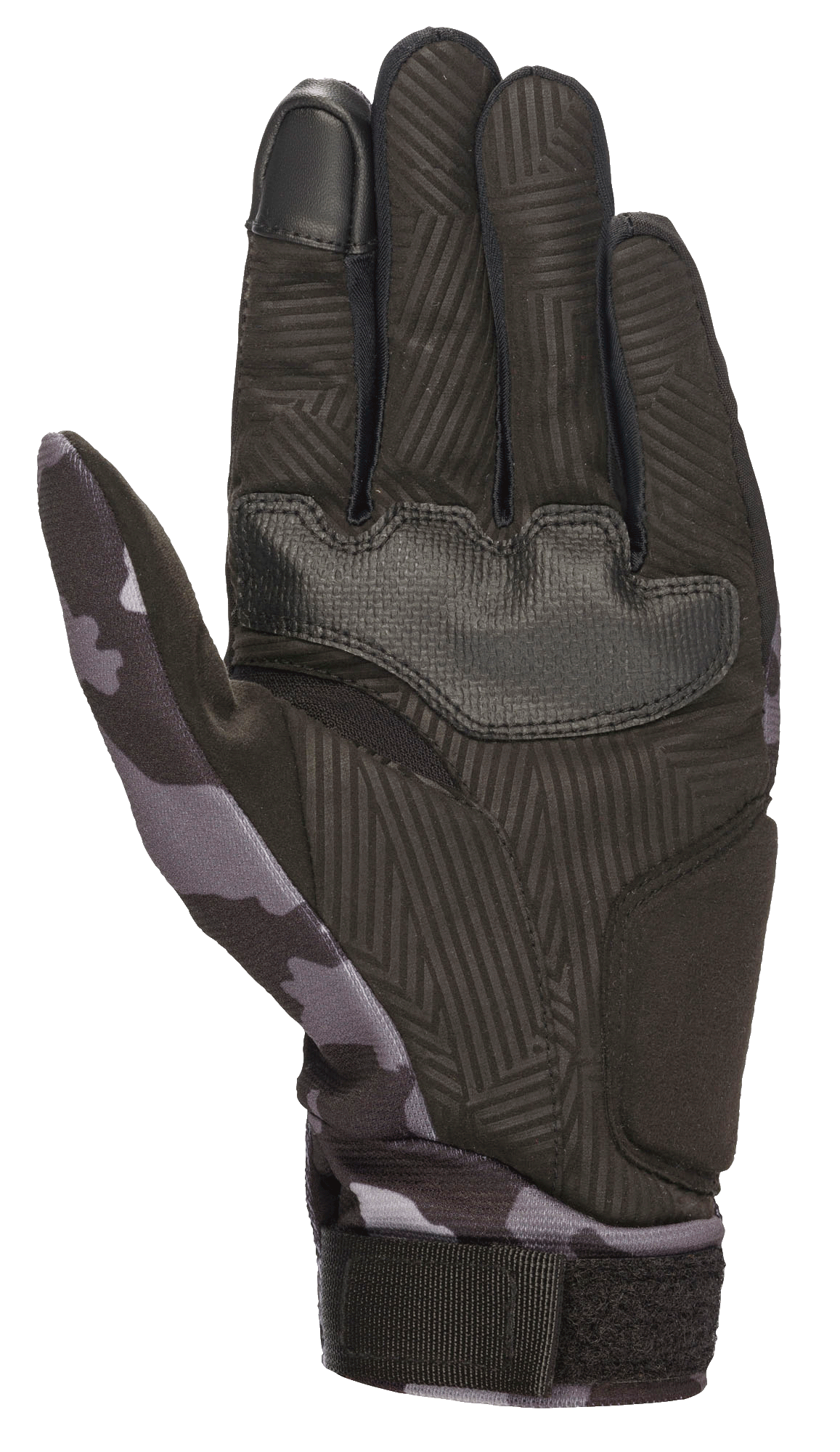 Alpinestars Youth Reef Gloves, Black Gray Camo, palm view showing synthetic suede with textured grip, camo pattern on thumb and wrist, touchscreen-compatible index finger, urban riding motorcycle gloves