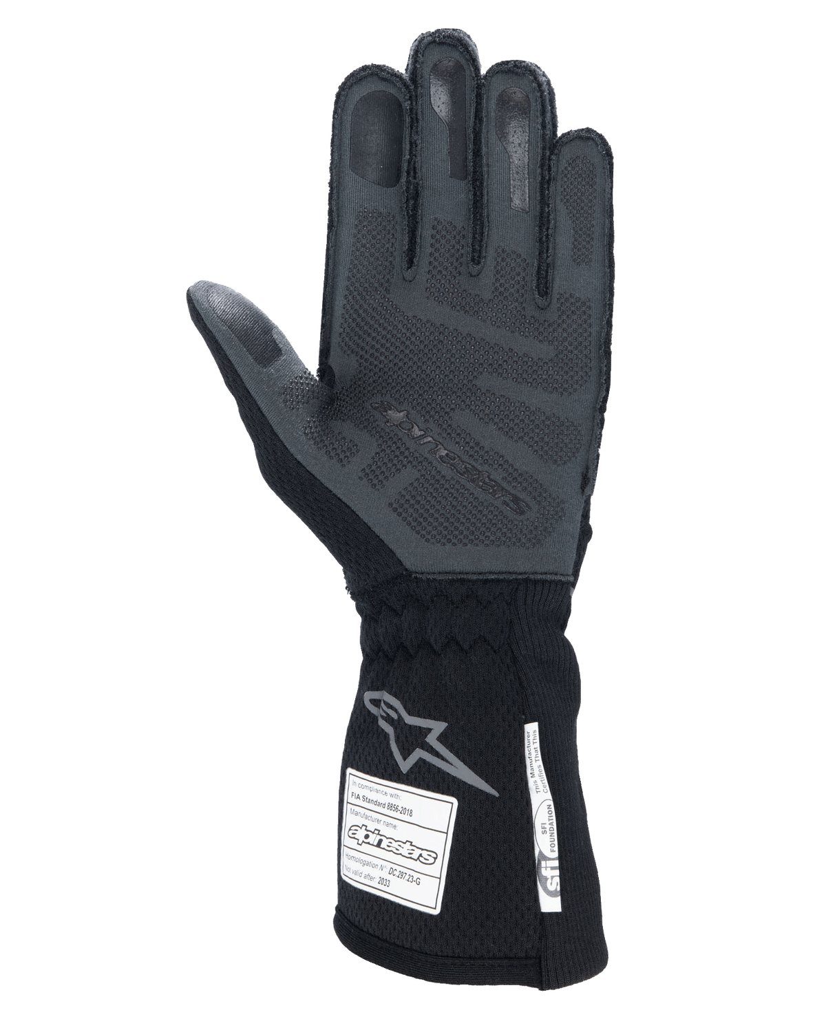 Gants Alpinestars Tech-1 ZX V4, Noir Anthracite, vue de la paume avec grip en silicone 3D texturé, manchette longue avec étiquettes de certification de sécurité FIA et SFI, gants de course automobile professionnels