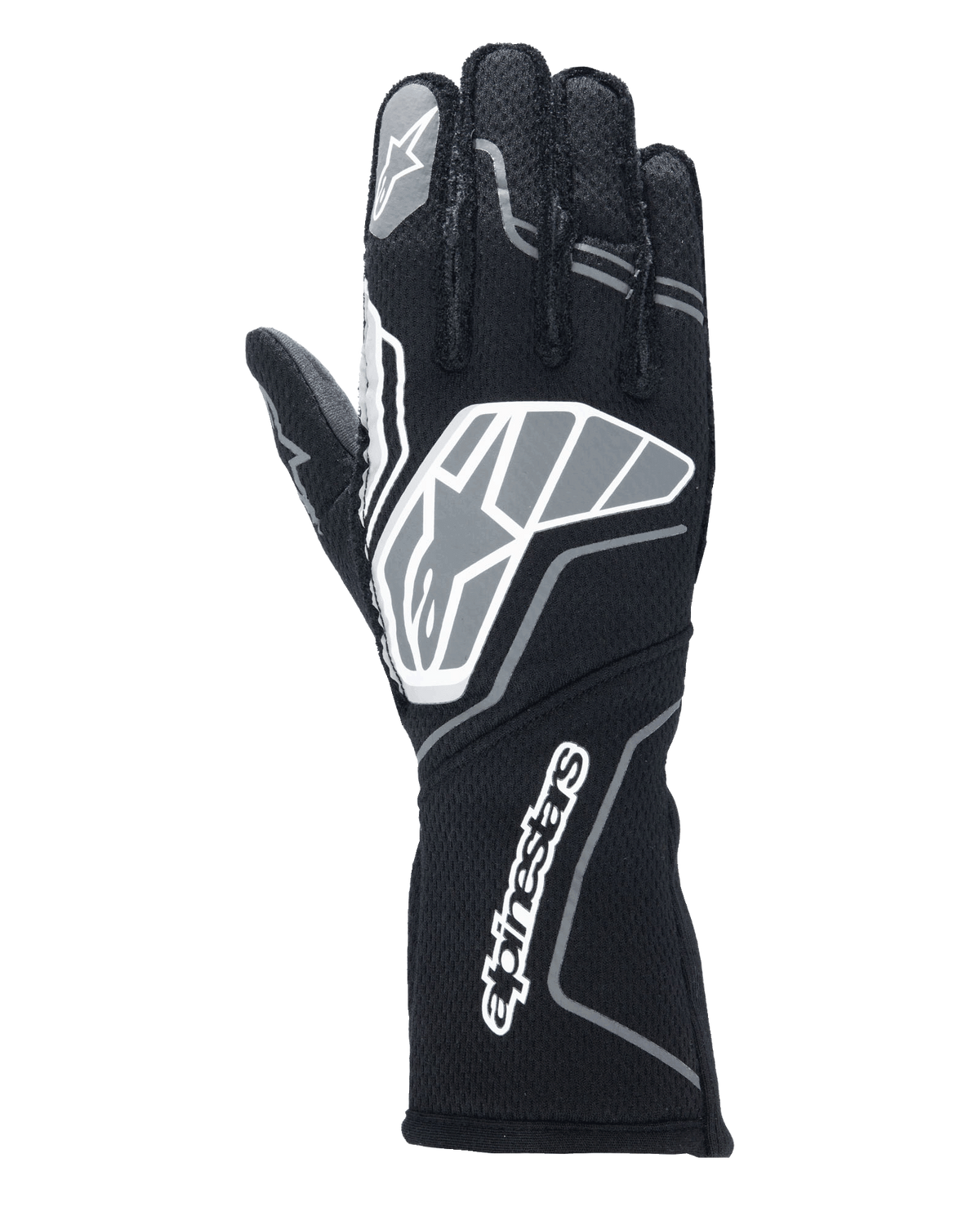Gants Alpinestars Tech-1 ZX V4, gants de course automobile, noir et gris anthracite, avec un grand logo étoile sur le revers et le nom Alpinestars sur la manchette longue, logo étoile sur l'index, construction ignifuge professionnelle