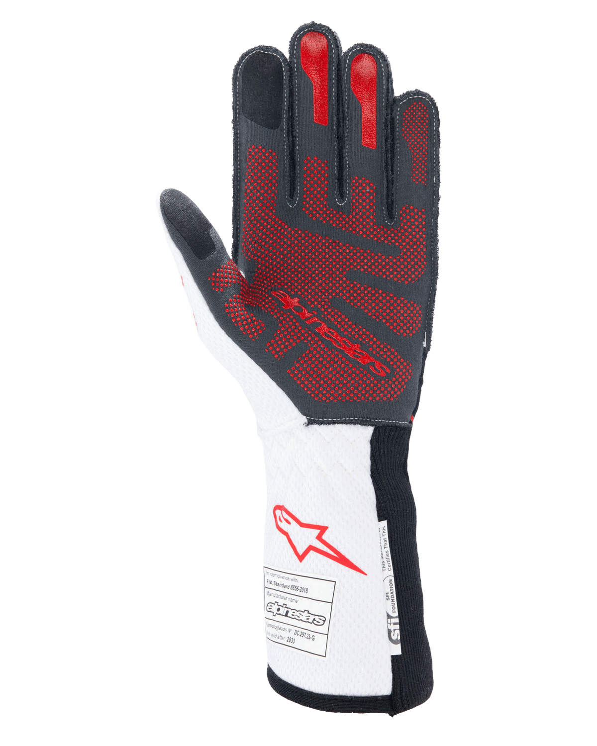 Gants Alpinestars Tech-1 ZX V4, gants de course automobile, noir, blanc et rouge, vue de la paume avec motif d'adhérence en silicone 3D rouge, manchette blanche avec logo Alpinestars rouge et étiquettes de certification FIA et SFI