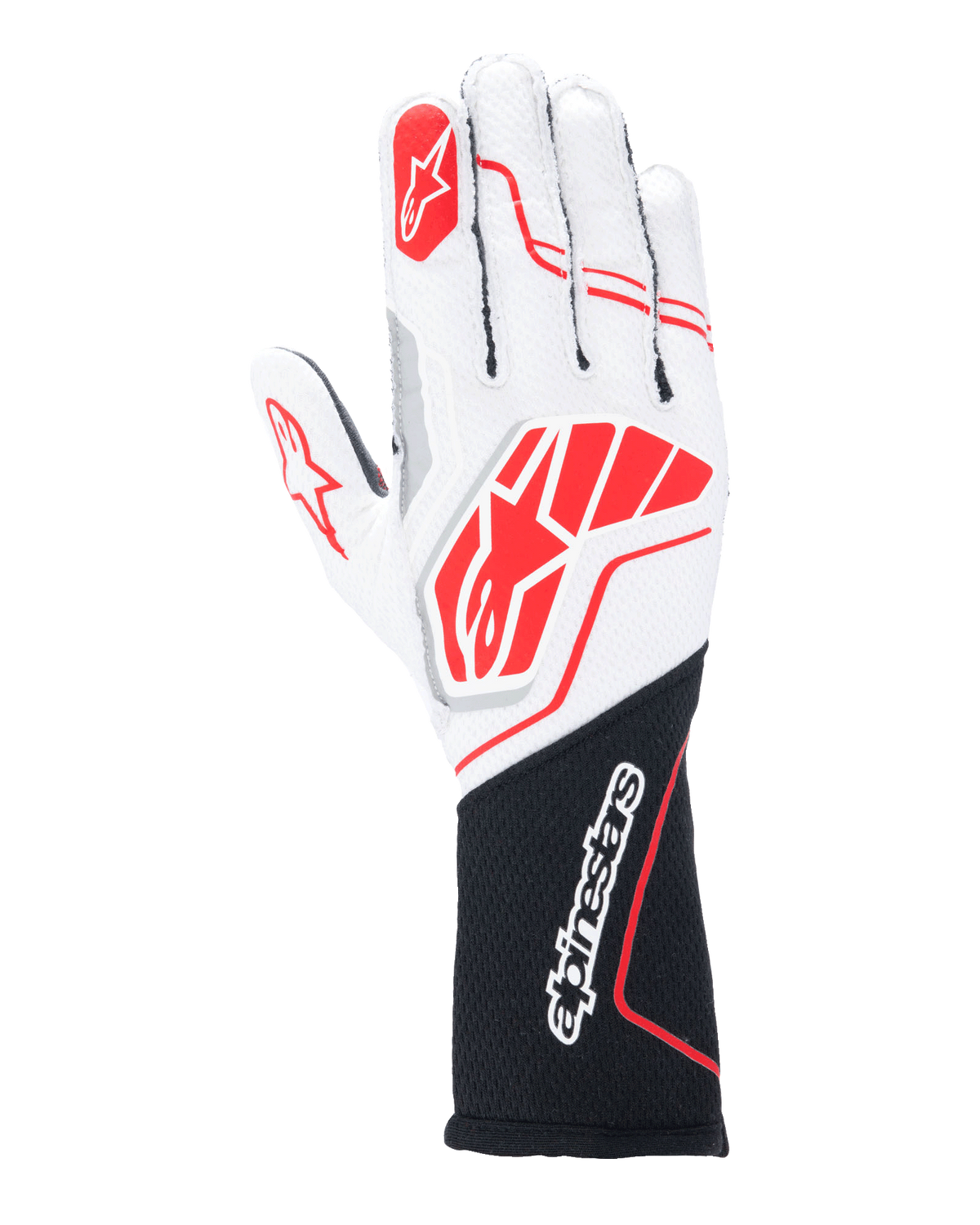 Gants Alpinestars Tech-1 ZX V4, gants de course automobile, blanc et noir avec détails rouges, tissu alvéolé texturé avec coutures extérieures, grand logo rouge sur le dos de la main, poignet long noir avec inscription Alpinestars blanche