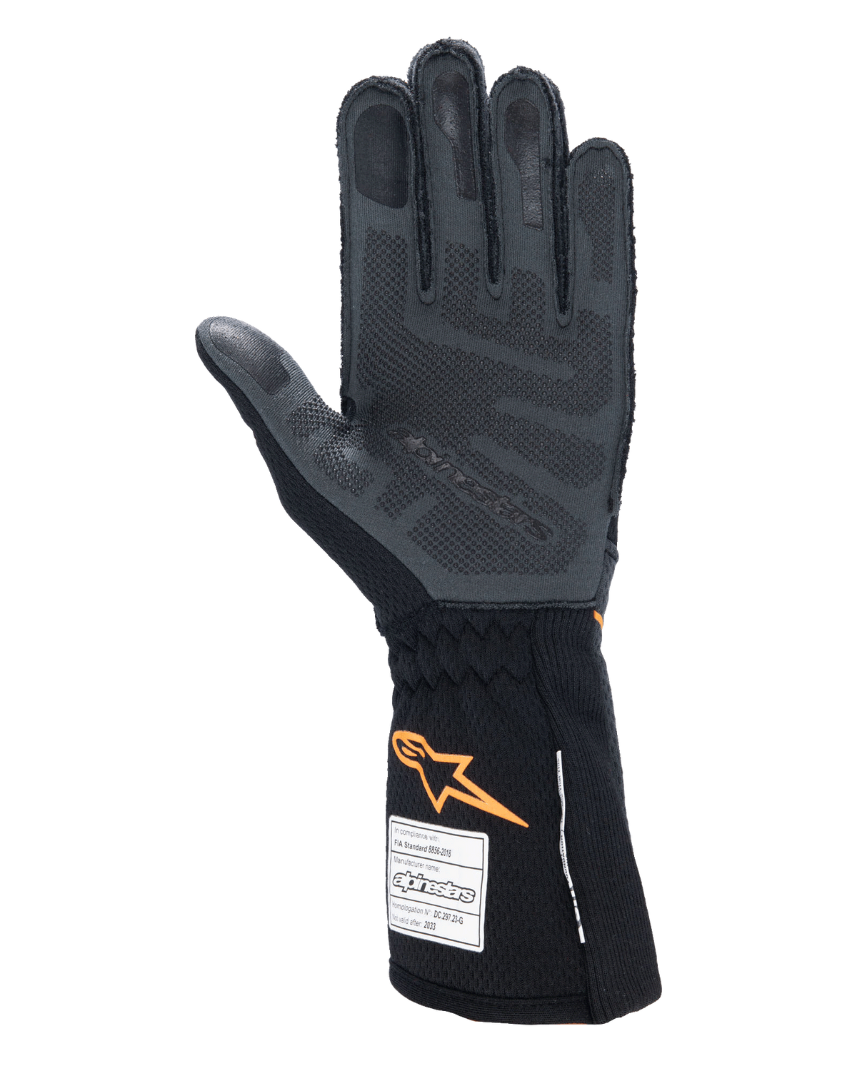 Alpinestars Tech-1 ZX V4 Gloves, Auto Racing Gloves, Black and Orange Fluo, palm view showing 3D silicone grip patterning and honeycomb texture, FIA and SFI homologation labels visible on the cuff, professional motorsport gear