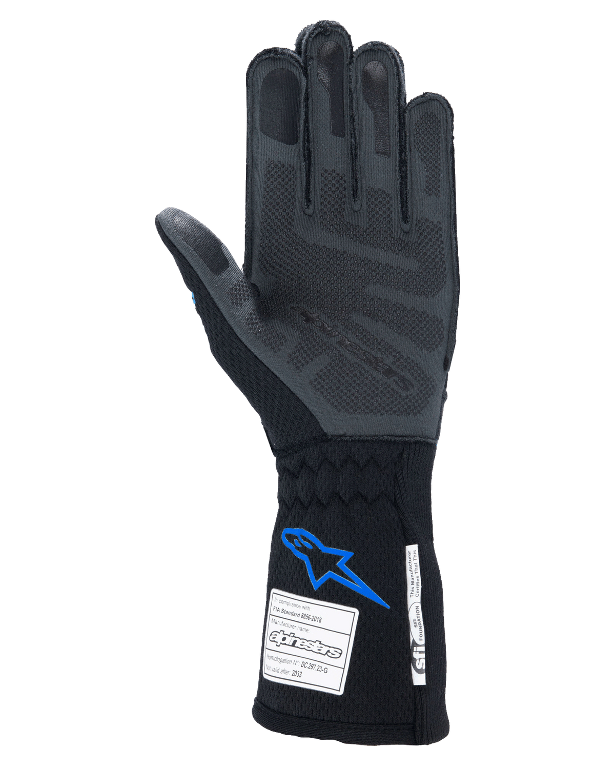 Gants Alpinestars Tech-1 ZX V4, gants de course automobile, noir et bleu, vue de la paume montrant la technologie d'adhérence en silicone 3D gris, avec étiquettes de certification FIA et SFI sur la manchette, protection professionnelle pour le sport automobile
