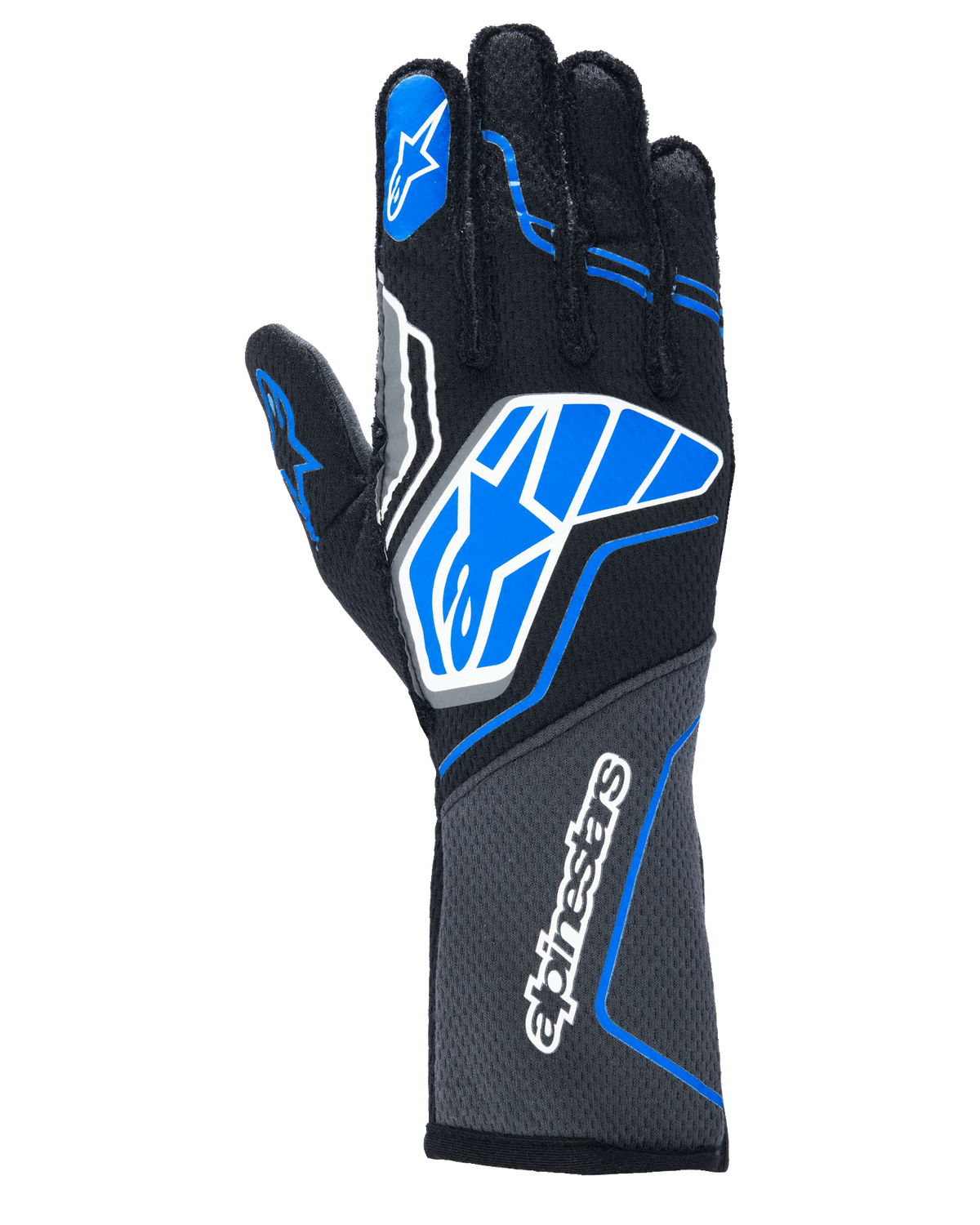 Gants Alpinestars Tech-1 ZX V4, gants de course automobile, noirs avec des accents bleus et gris, dotés du logo étoile et du lettrage Alpinestars blancs, construction en tissu alvéolaire, équipement professionnel de sport automobile