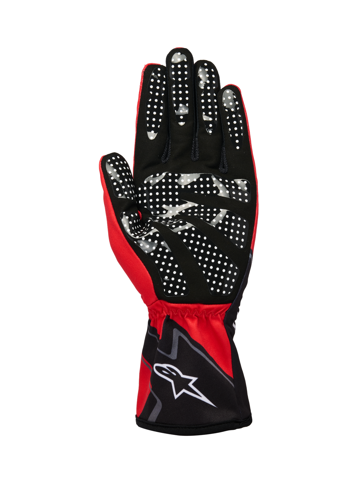 Alpinestars Tech-1 K Race V2 Gloves Graphic 1, Karting Gloves, Red Bright Black White, palm side view featuring white silicone dot pattern for enhanced grip, synthetic suede material, elasticated gauntlet cuff with white logo.