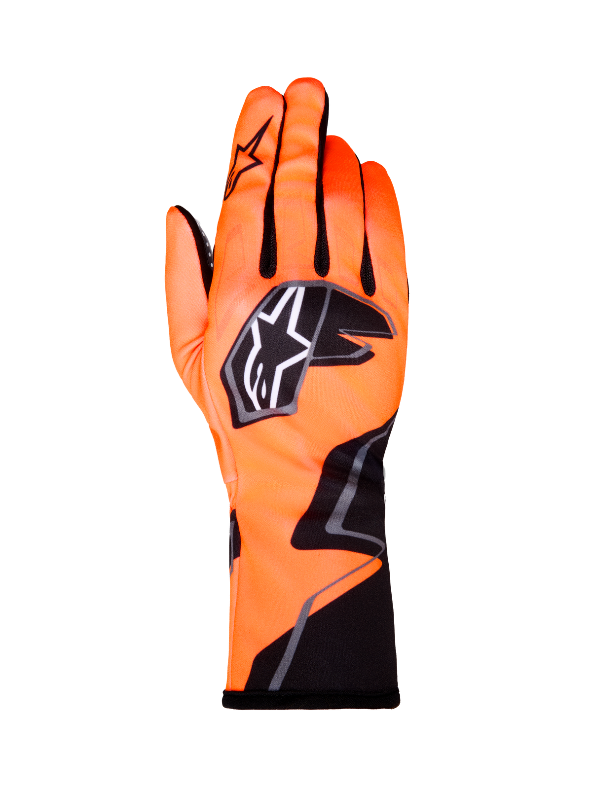 Alpinestars Tech-1 K Race V2 Gloves Graphic 1, gants de karting, orange fluo avec accents noirs et blancs, vue arrière du gant gauche, logo étoile imposant, design textile ajusté avec graphismes angulaires