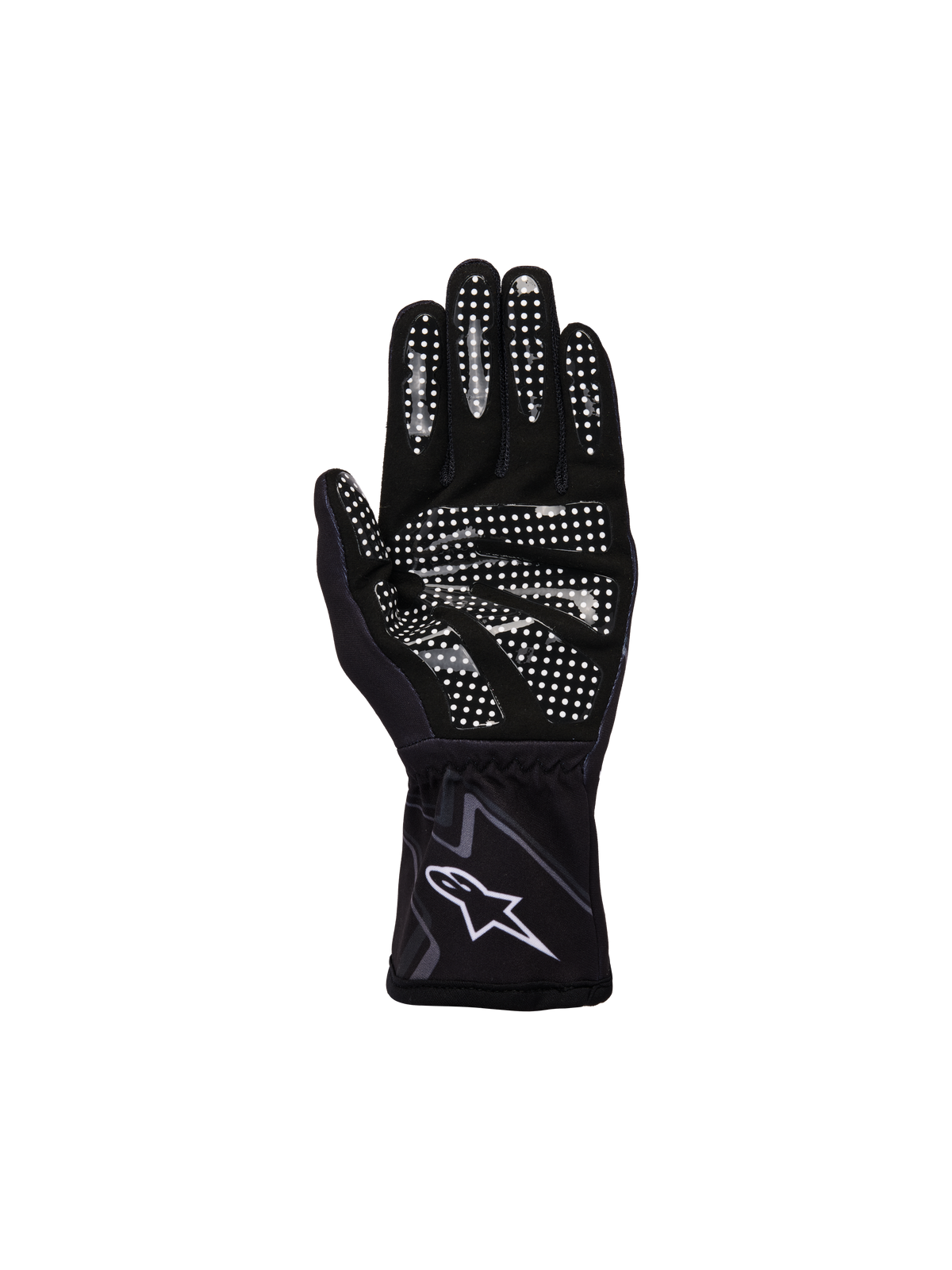 Gants Alpinestars Junior Tech-1 K Race S V2 Graphic 1, noir gris goudron et blanc, vue de la paume avec motif d'adhérence en silicone blanc sur les doigts et la paume, construction en daim synthétique, logo A-star blanc sur le poignet élastique