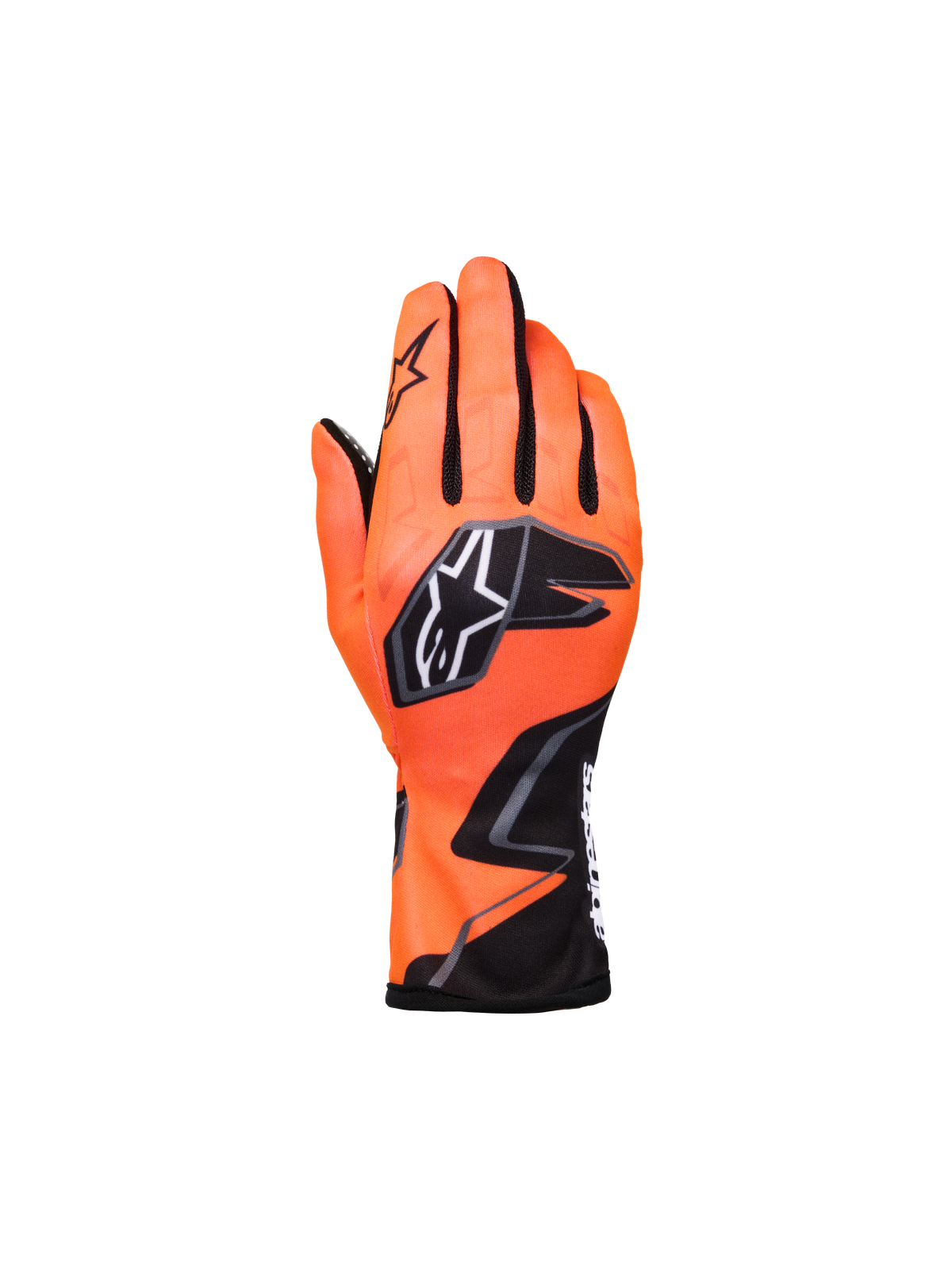 Alpinestars Youth Tech-1 K Race S V2 Graphic 1 Gloves, Karting Racing Gloves, Orange Fluo and Black, featuring a bold star logo and aggressive graphics, backhand view with black mesh finger inserts, lightweight textile construction for youth racing