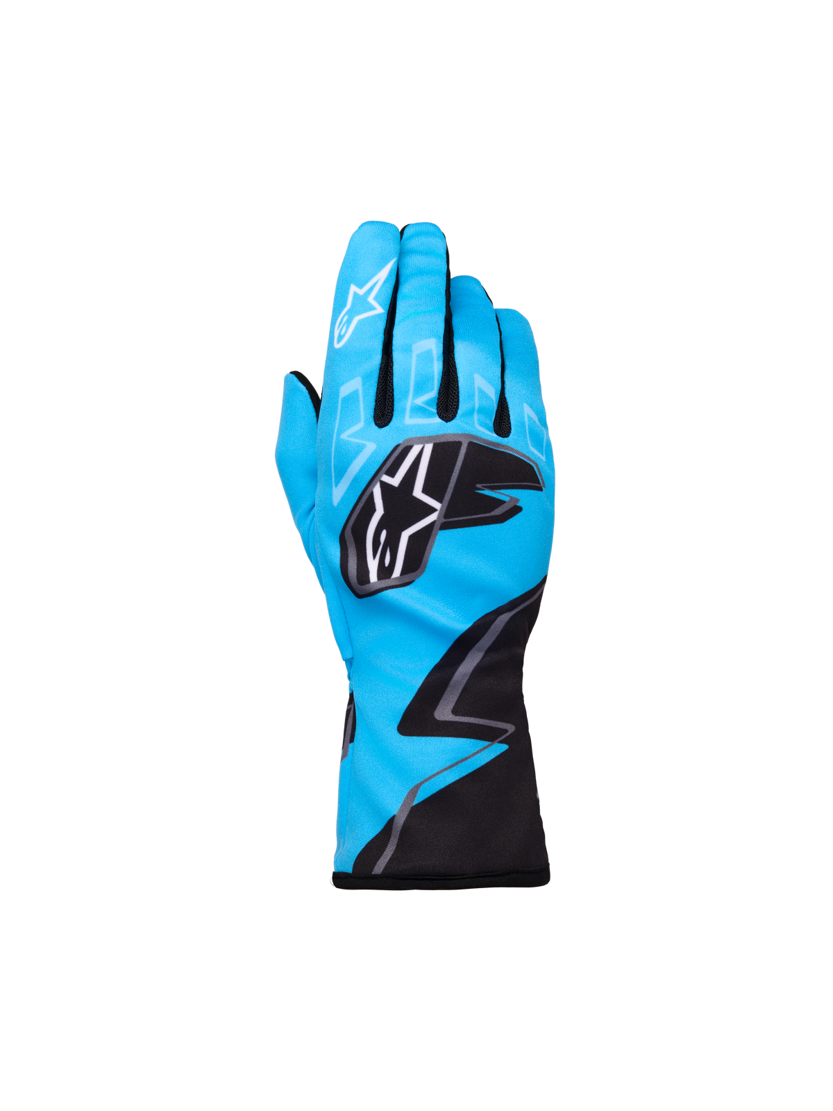 Alpinestars Youth Tech-1 K Race S V2 Graphic 1 Gloves, Karting Racing Gloves, Cyan blue with black and white accents, Alpinestars star logos on knuckles and index finger, zigzag graphic pattern, lightweight sporty protection for youth racers