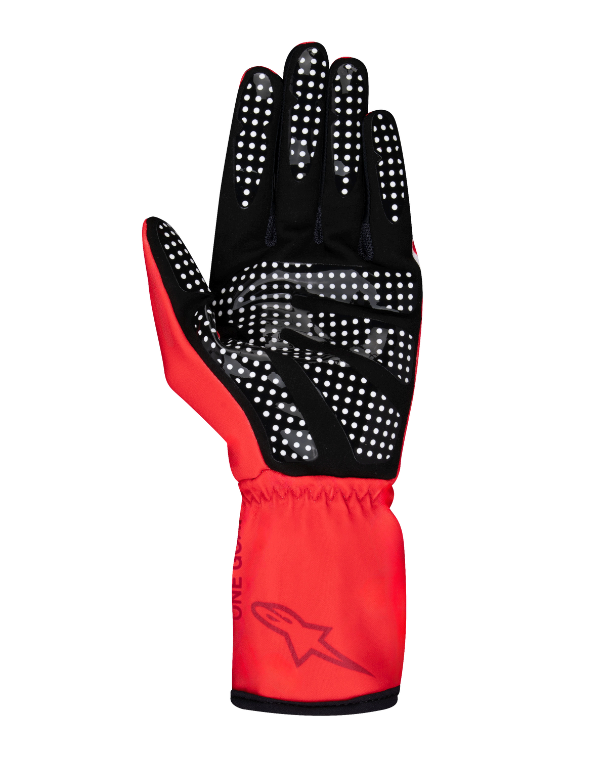 Gants Alpinestars Tech-1 K Race V2 Pure, gants de karting, rouge et noir, vue de la paume avec impression en silicone et motif à points blancs pour l'adhérence, matériau en suède synthétique, manchette élastiquée avec logo Alpinestars