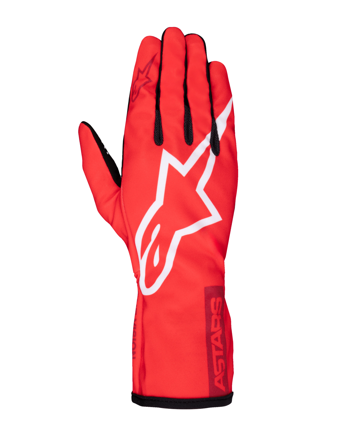 Gants Alpinestars Youth Tech-1 K Race S V2 Pure, gants de course de karting, rouge éclatant avec grand logo étoile Alpinestars blanc, accents noirs sur les doigts et le poignet, construction légère en maille polyester pour jeunes pilotes, vue de dessus montrant le dos du gant