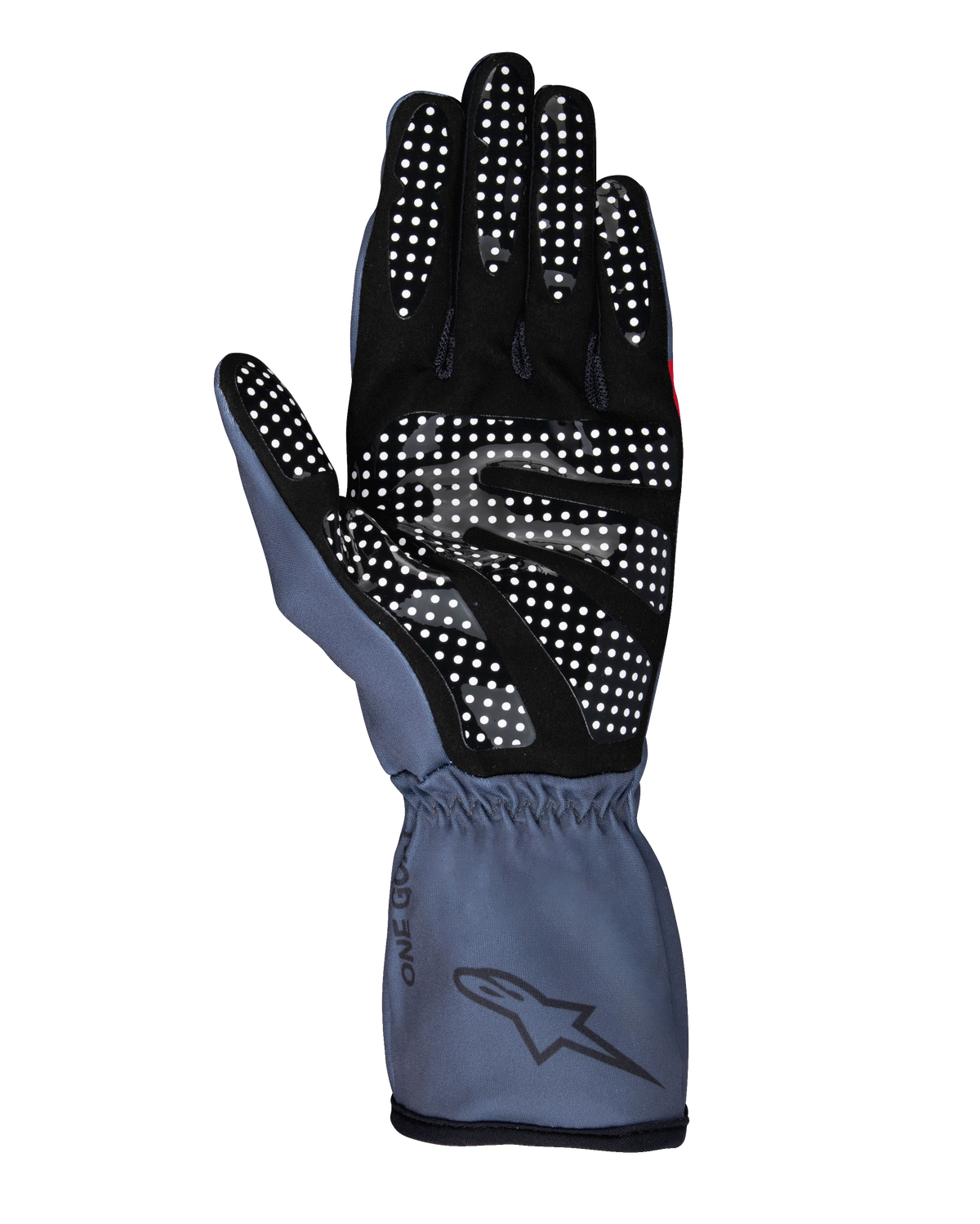 Gants Alpinestars Tech-1 K Race V2 Pure, gants de karting, asphalte et noir, vue de la paume montrant le motif d'adhérence en silicone blanc, design ergonomique avec manchette montante et logo Alpinestars