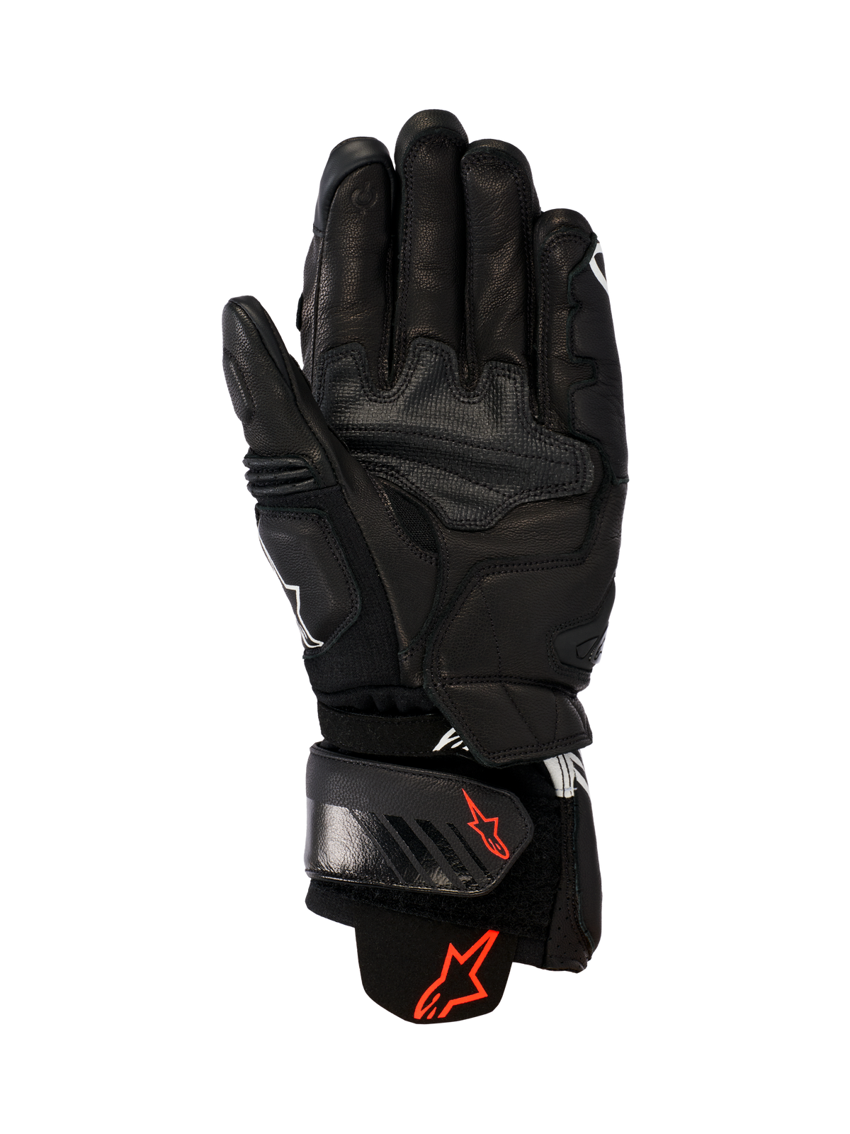 Gants en cuir Alpinestars GP Plus R V3, noirs, vue de la paume montrant une construction en cuir durable, logos Astars rouges sur la sangle de poignet et la manchette, panneaux de préhension renforcés et une fermeture réglable pour la performance en course et sport.