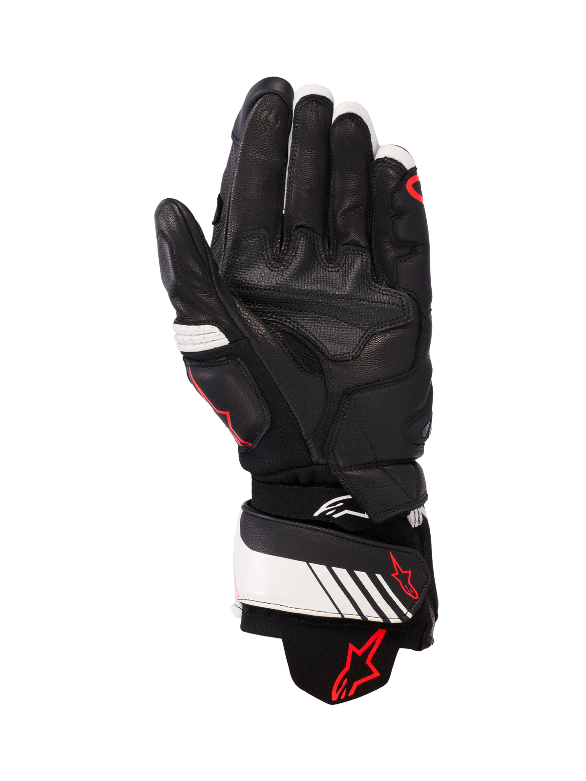 Gants en cuir Alpinestars GP Plus R v3, Noir, Blanc et Rouge Fluo, vue de la paume montrant une construction entièrement en cuir avec rembourrage renforcé, sangle de poignet blanche avec logo Alpinestars rouge, équipement de protection inspiré de la course pour les motards