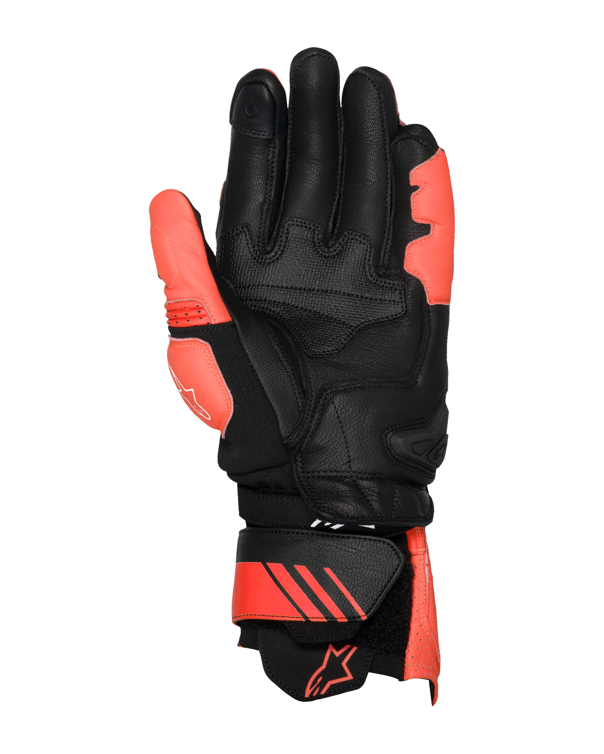 Gants en cuir Alpinestars GP Plus R V3, rouge vif, rouge fluo et noir, vue côté paume, avec zones de la paume et du pouce en cuir renforcé, manchette à gantelet ajustable avec accents rouges et logo, design racing professionnel