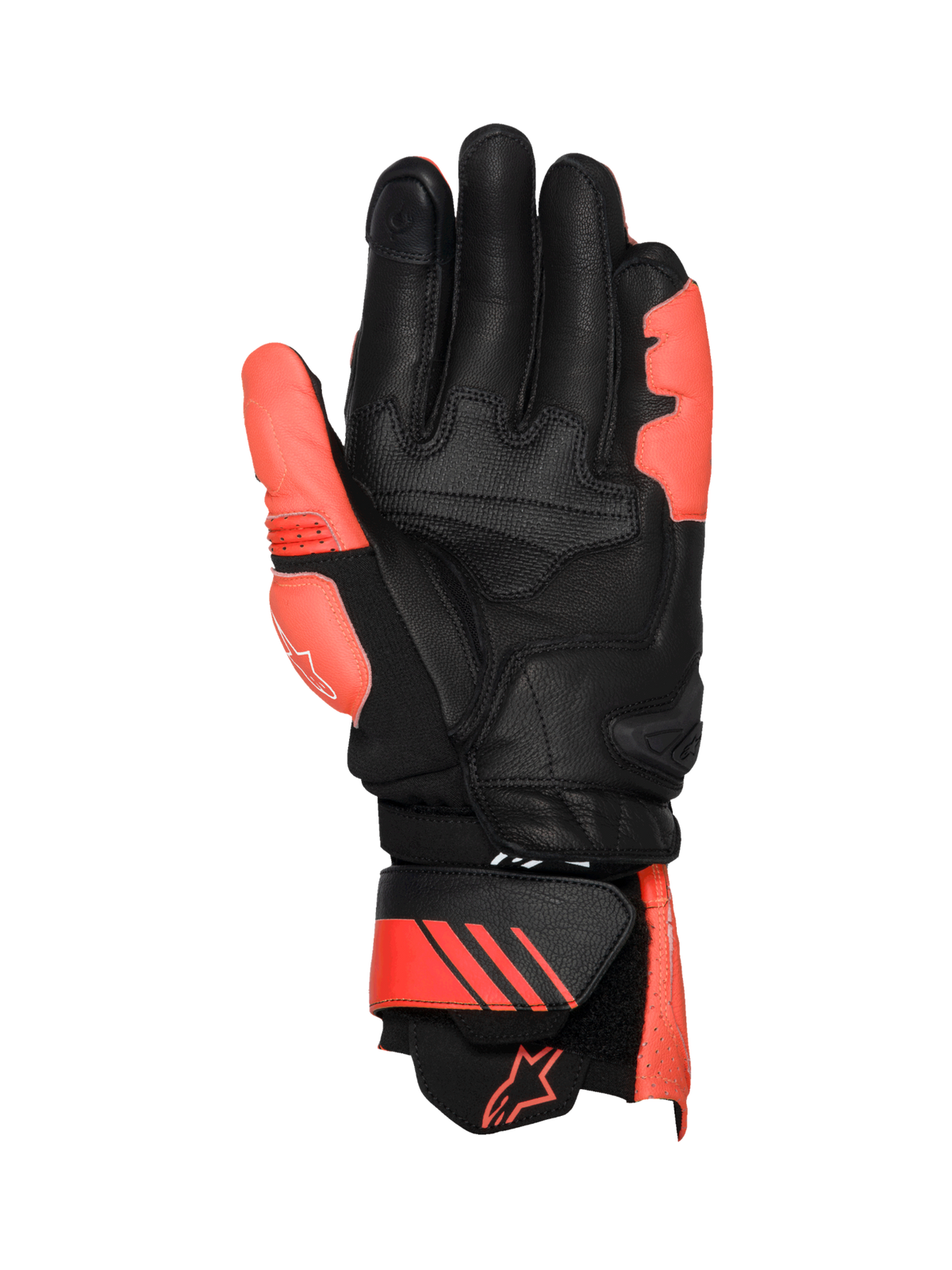 Gants Alpinestars GP Plus R V3 en cuir pour homme, gants racing noirs et rouge fluo avec glissière de paume en TPU.