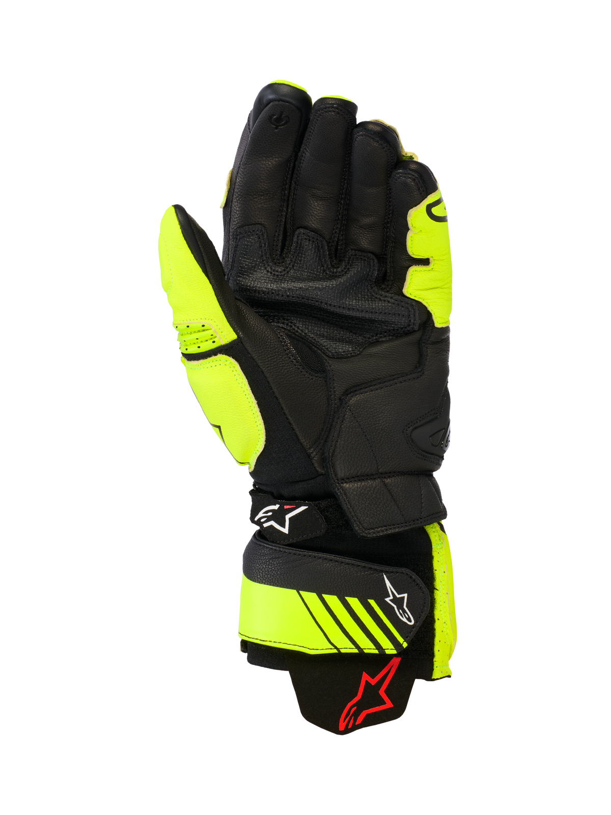 Gants en cuir Alpinestars GP Plus R V3, gants de moto racing et sport, jaune fluo et noir, vue de la paume montrant la construction en cuir, zones de préhension renforcées et sangles de manchette réglables avec logo Alpinestars, équipement de piste haute performance