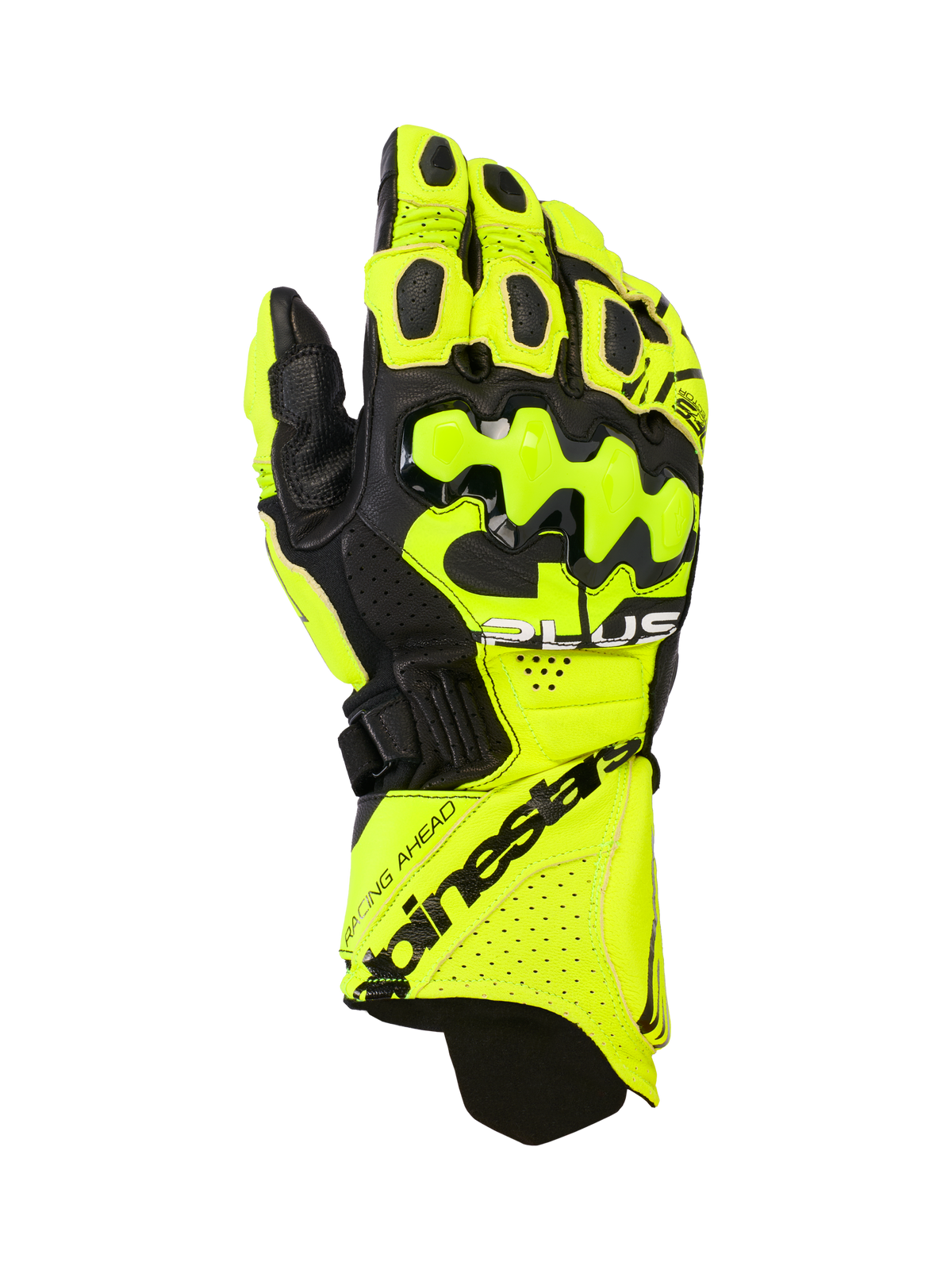 Alpinestars GP Plus R V3, gants de course moto en cuir, jaune fluo et noir, avec protections rigides aux articulations, zones de ventilation perforées et fermeture sécurisée de la manchette avec logo distinctif