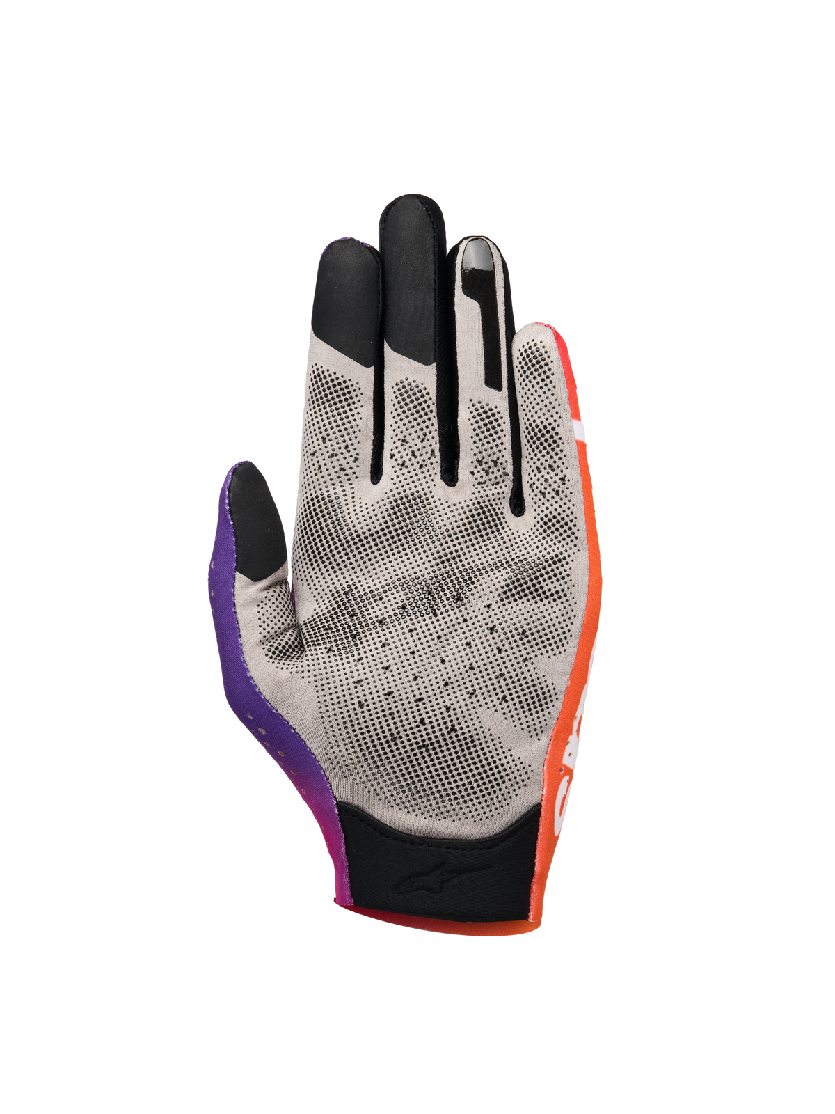 Alpinestars Sim Gloves Graphic 2, Sim Racing Gloves, Orange Neon Purple and White, palm view showing grey fabric with black 3D printed grip dots, touchscreen-compatible fingertips, and short cuff for virtual racing precision
