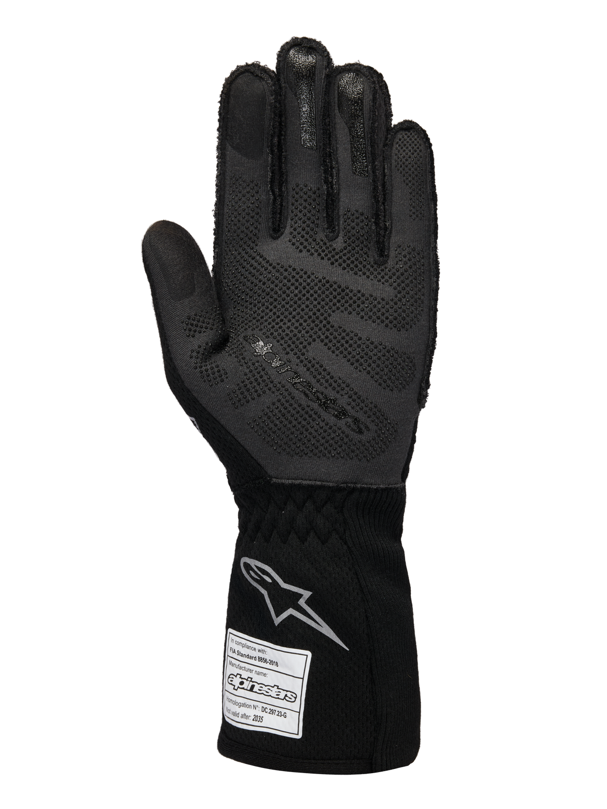 Gants Alpinestars Limited Edition Lamborghini Tech-1 ZX V4, gants de course automobile, noir et gris foncé, vue de la paume avec technologie de grip en silicone 3D, logo argenté sur la manchette, étiquette d'homologation FIA, équipement de sport automobile professionnel