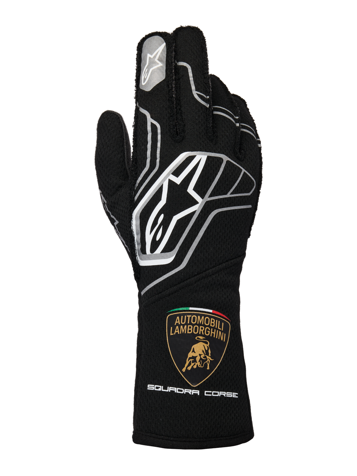 Gants Alpinestars Édition Limitée Lamborghini Tech-1 ZX V4, noir avec accents gris foncé et blancs, arborant le logo Alpinestars et l'écusson Automobili Lamborghini Squadra Corse sur la manchette, gants de course automobile professionnels certifiés FIA