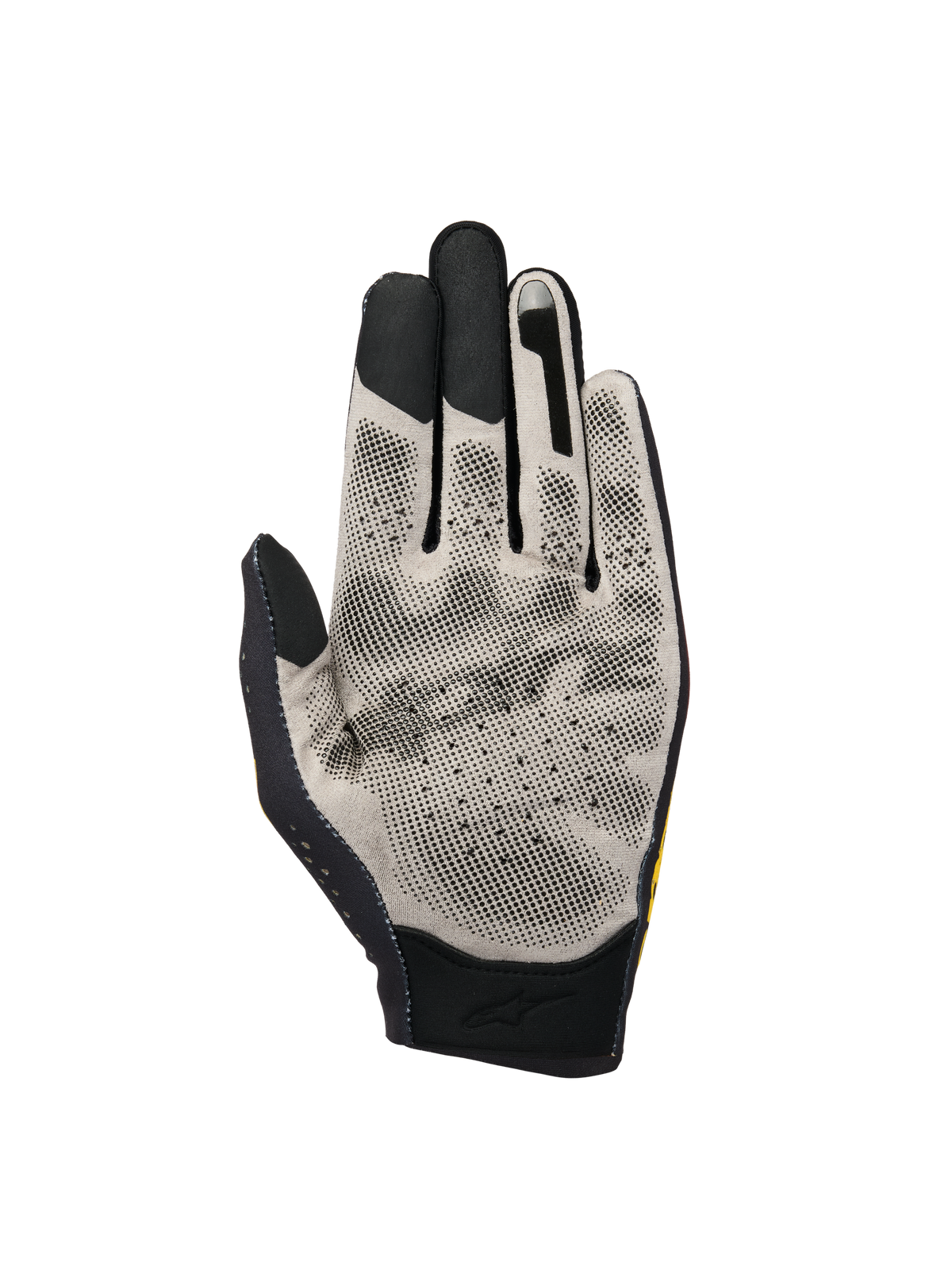Alpinestars Sim Gloves Graphic 3, gants de SIM racing, vue de la paume montrant le tissu Nanofront® gris clair avec motif d'adhérence à picots 3D noirs, bouts des doigts compatibles avec les écrans tactiles et construction perforée respirante pour la course virtuelle.