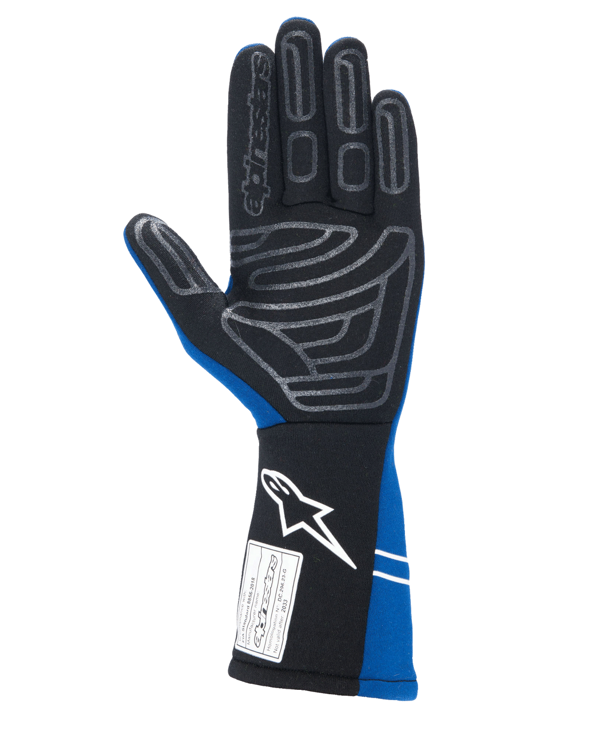 Gants Alpinestars Tech-1 Start V4 FIA, gants de course automobile, bleu royal et noir, vue de la paume avec motif d'adhérence en silicone gris sur les doigts et la paume, manchette allongée avec logo blanc et étiquette d'homologation FIA