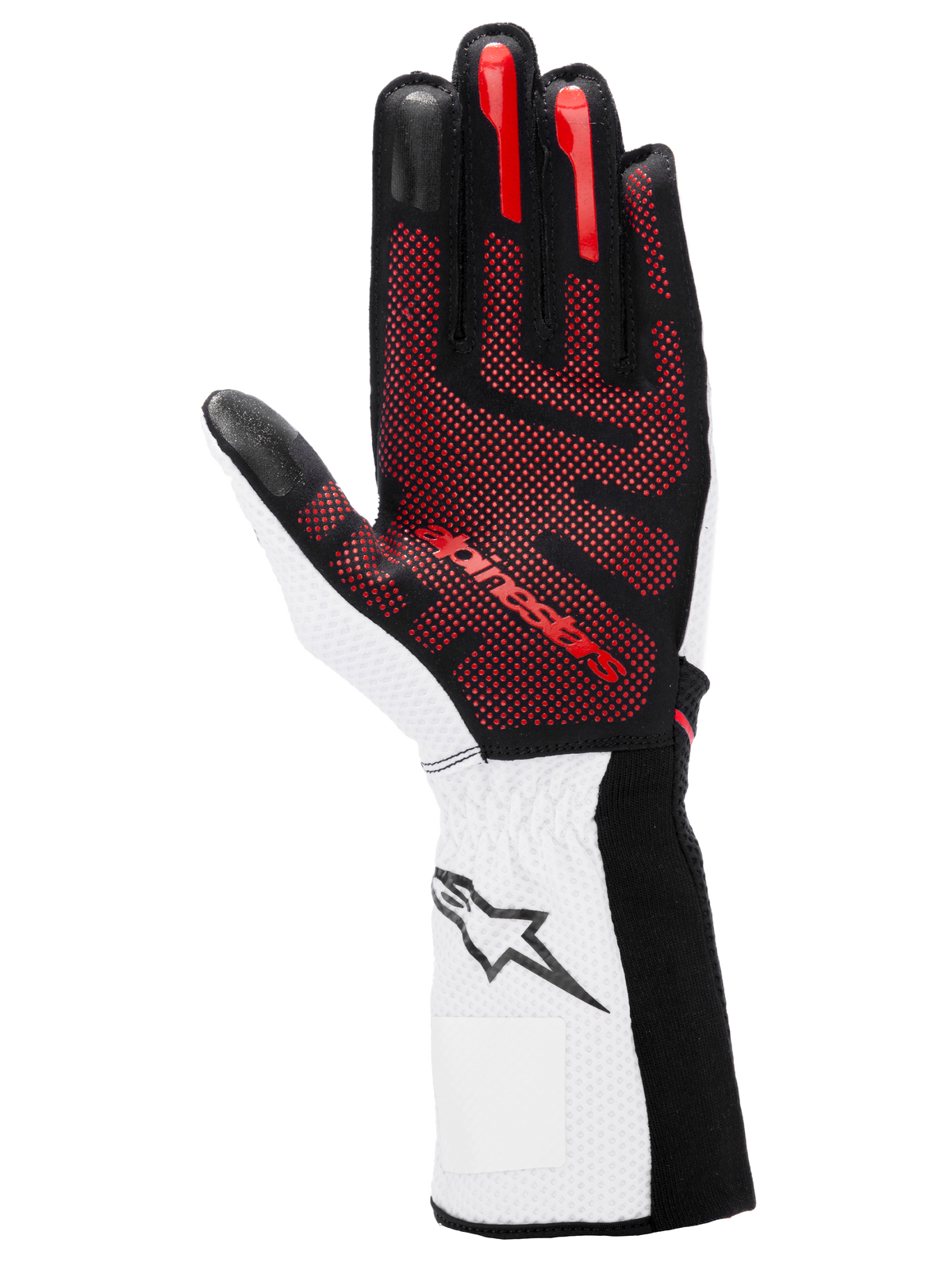 Alpinestars Tech-1 KX V4 Gloves, Karting Gloves, Black White and Red, palm view featuring red 3D silicone grip pattern, white wrist with black star logo, high-performance motorsport design